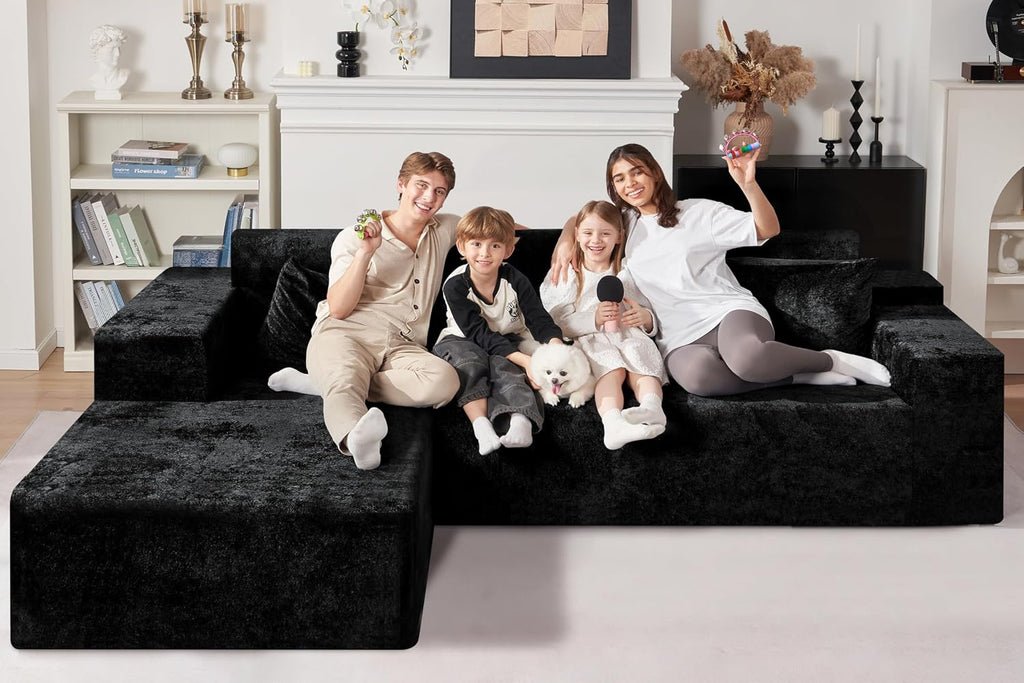 HABUTWAY 105' L-Shape Modular Sectional Sofa Couch for Living Room,No Assembly Required,Modular Comfy Sofa with Deep Seat for Living Room Bedroom,Luxury Distressed Velvet(Left,Black)