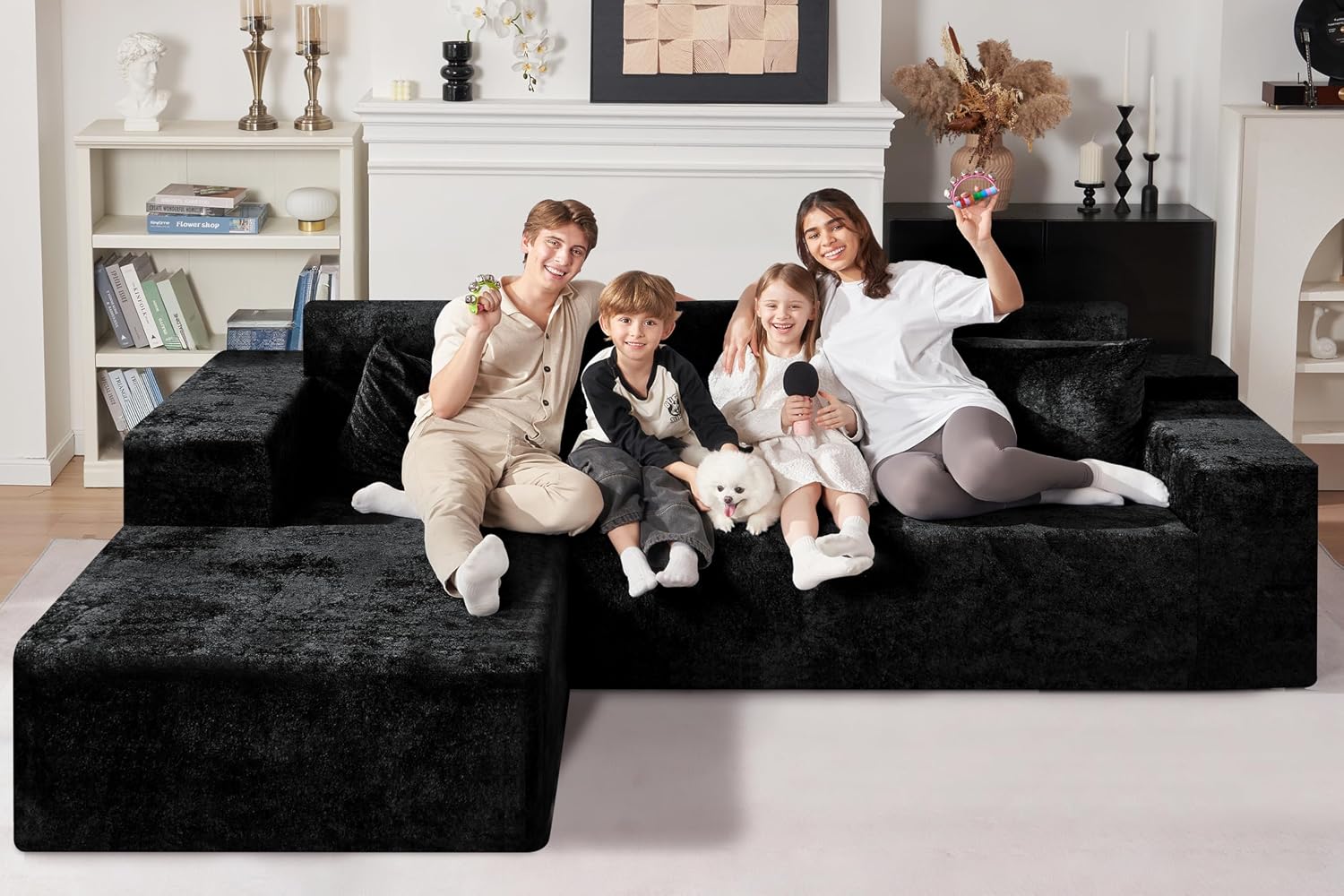 HABUTWAY 105' L-Shape Modular Sectional Sofa Couch for Living Room,No Assembly Required,Modular Comfy Sofa with Deep Seat for Living Room Bedroom,Luxury Distressed Velvet(Left,Black)