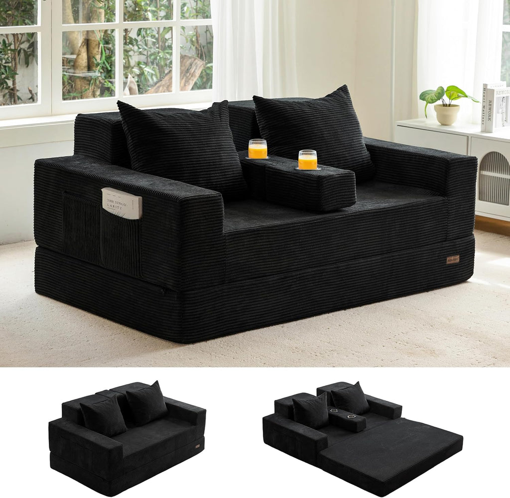 MAXYOYO Loveseat Sofa Bed, 64' Foldable Floor Sofa Couch in A Box with 2 Cup Holders, 4 in 1 Convertible Boneless Couch Folding Recliner Sleeper Chair for Living Room, No Assembly Required, Black