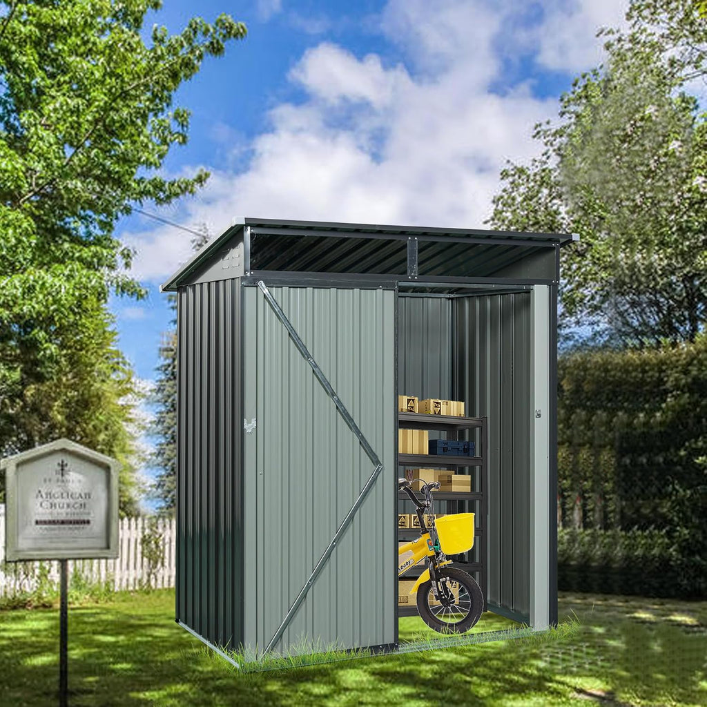 5X3 FT Outdoor Storage Shed, Waterproof Metal Garden Sheds with Lockable Door, Steel Tool Storage Buildings Shed & Outdoor Storage House for Garden, Backyard, Patio, Lawn, Trash Cans(Grey)