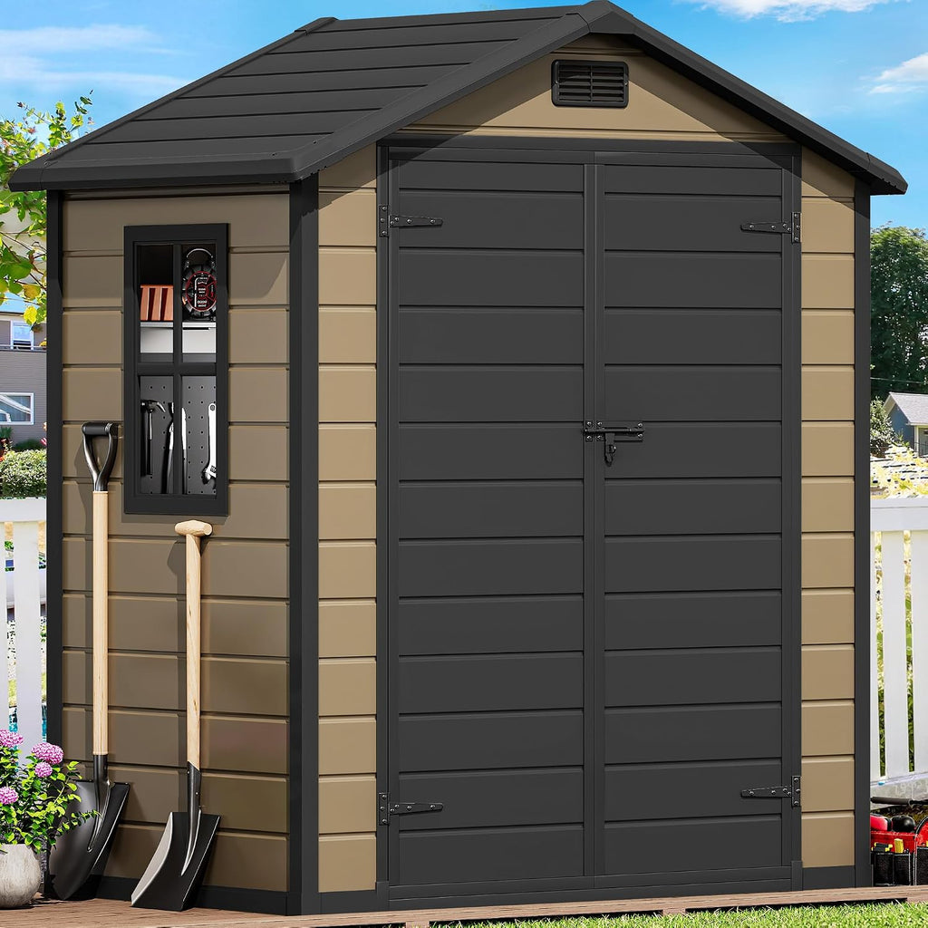 DWVO 6.2x3.4 FT Outdoor Resin Storage Shed with Floor, All-Weather Bike Storage Shed with Lockable Door, Window and Vent, Waterproof Plastic Tool Storage for Garden, Backyard, Patio, Lawn, Brown