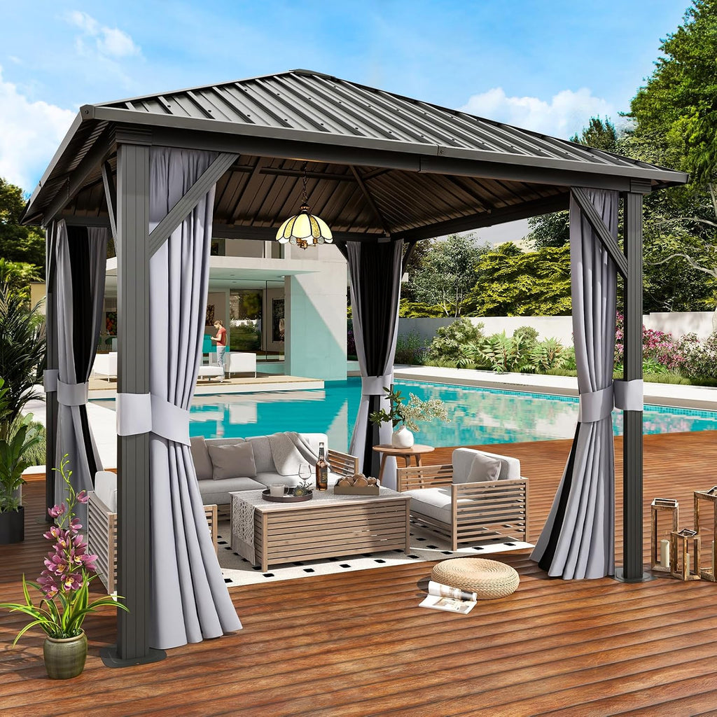 10FTx10FTHardtop Gazebo, Galvanized Steel Outdoor Aluminum Single Top Pavilion, Permanent Metal Gazebo with Netting and Curtains, for Patio, Backyard and Deck…
