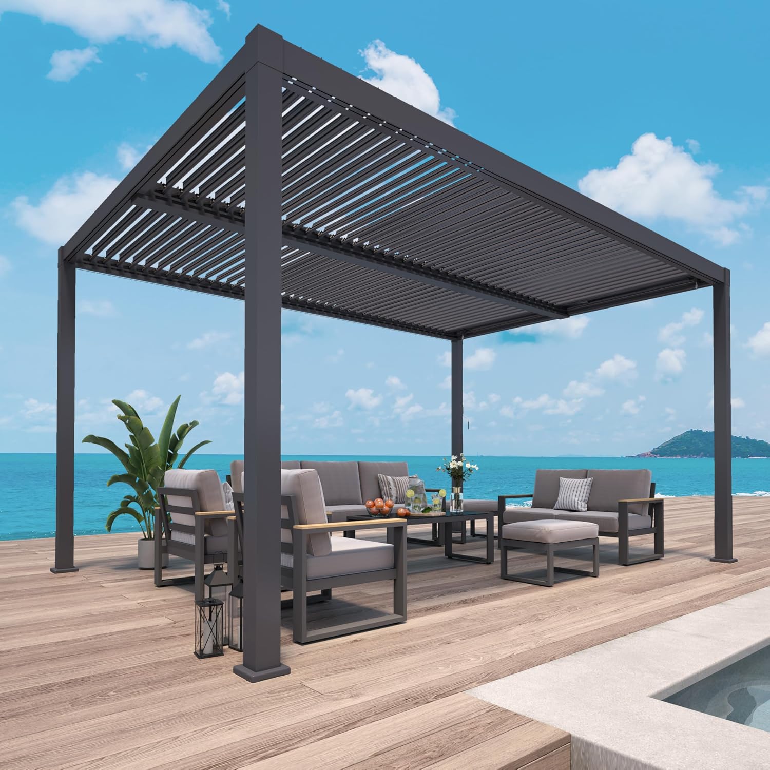 Kiss the Water Louvered Pergola 12'x16', Patio Outdoor Pergola with Adjustable Rainproof Roof and Gutter System, Metal Hardtop Gazebo for Patio, Deck, Garden, Yard, Dark Gray