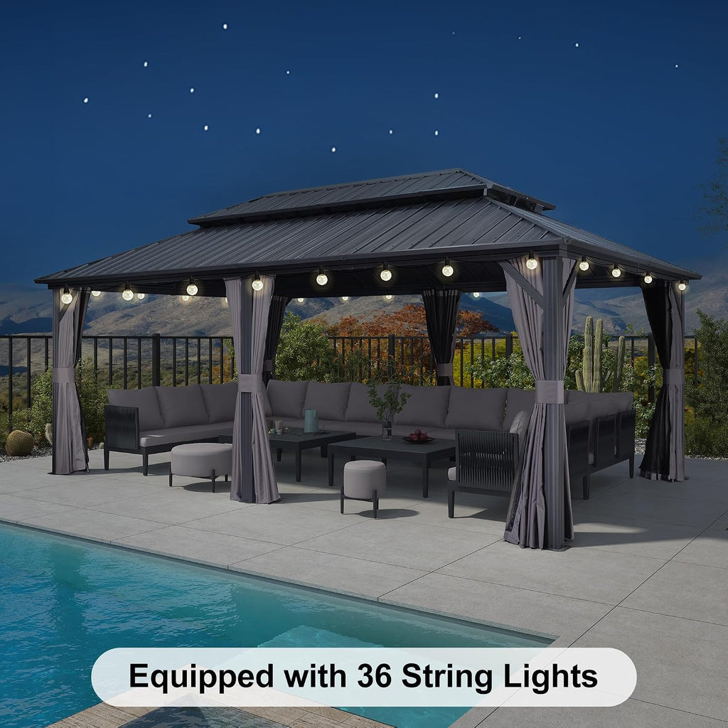 PURPLE LEAF 12'x20' Hardtop Gazebo with Lights Outdoor Pavilion Waterproof Double Roof Galvanized Steel for Patio and Garden Includes Netting and Curtains Grey