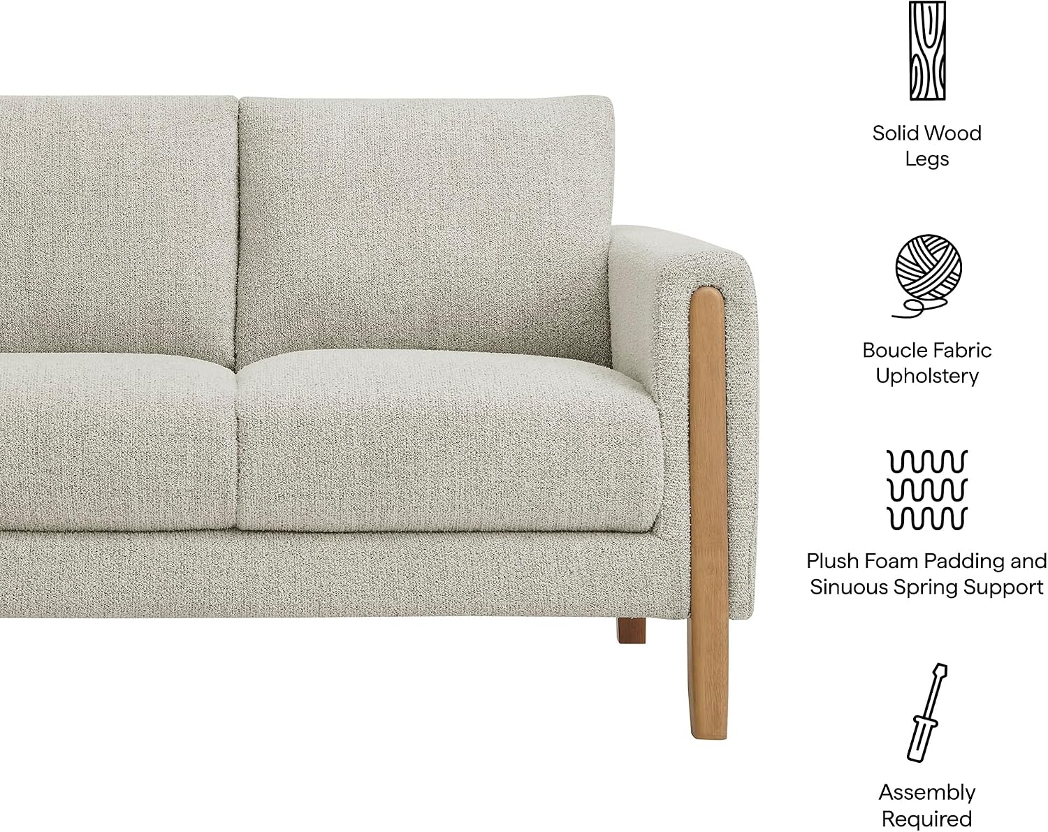 Modway Hawken 54 Inch Boucle Loveseat in Parchment Beech with Wood Legs – Mid-Century Modern Small Space 2-Seater Sofa for Living Room, Bedroom, or Office Lounge