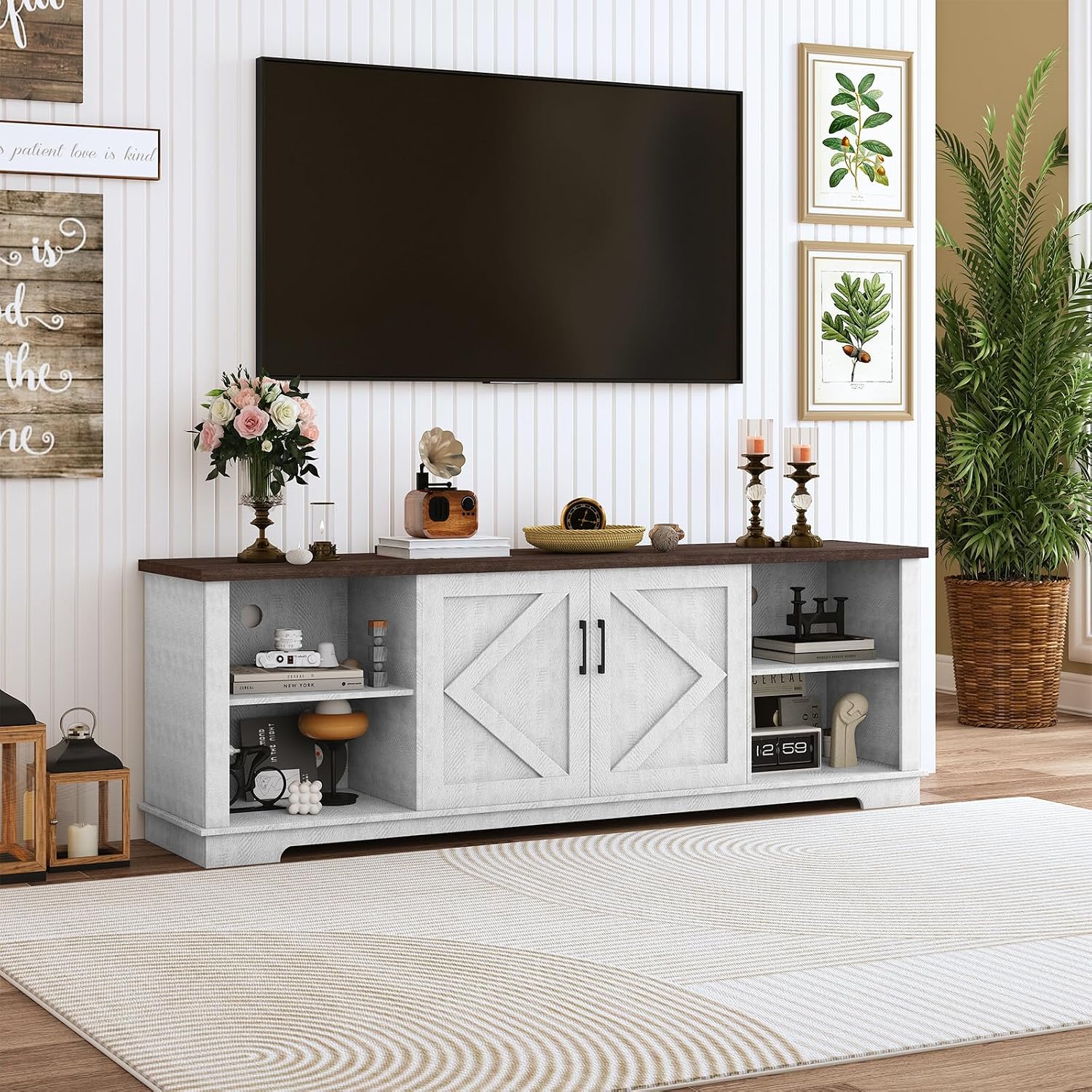EROMMY 70' Farmhouse TV Stand for 80 Inch TV, Modern TV Console with Adjustable Shelves & Cable Management, Long Entertainment Center for Living Room