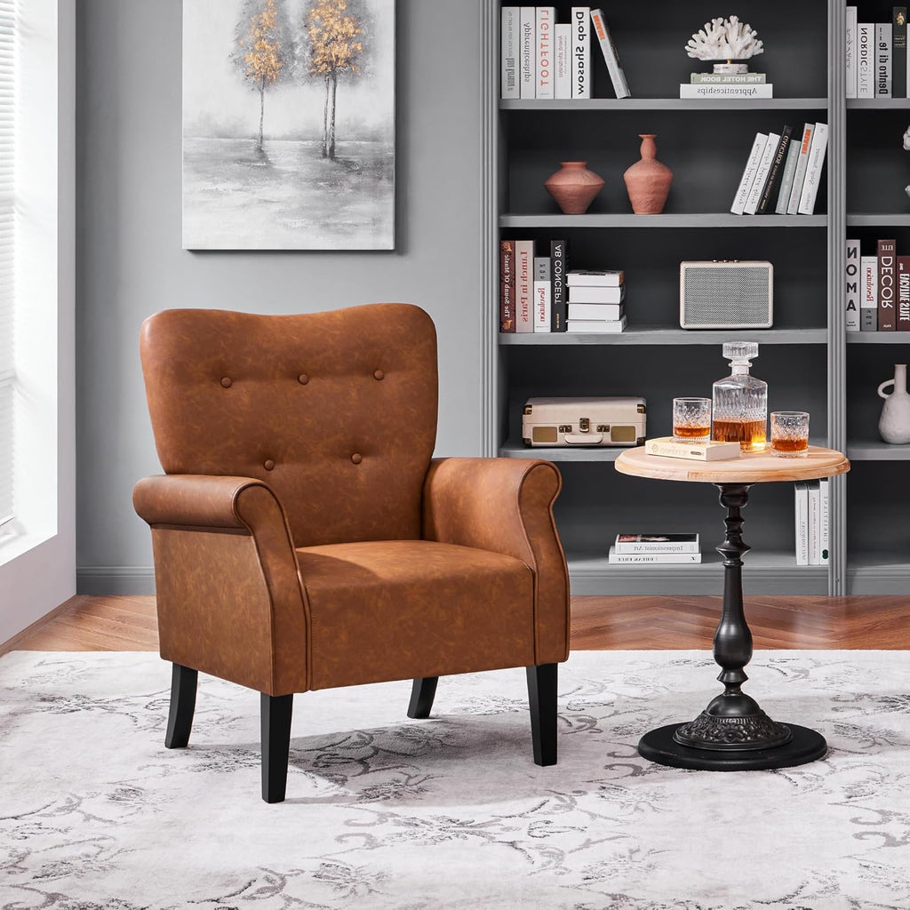 Yaheetech Modern Armchair, Mid Century PU Leather Accent Chair with Sturdy Wood Legs and High Back for Small Space, Upholstered Club Sofa for Living Room/Bedroom, Set of 2, Retro Brown