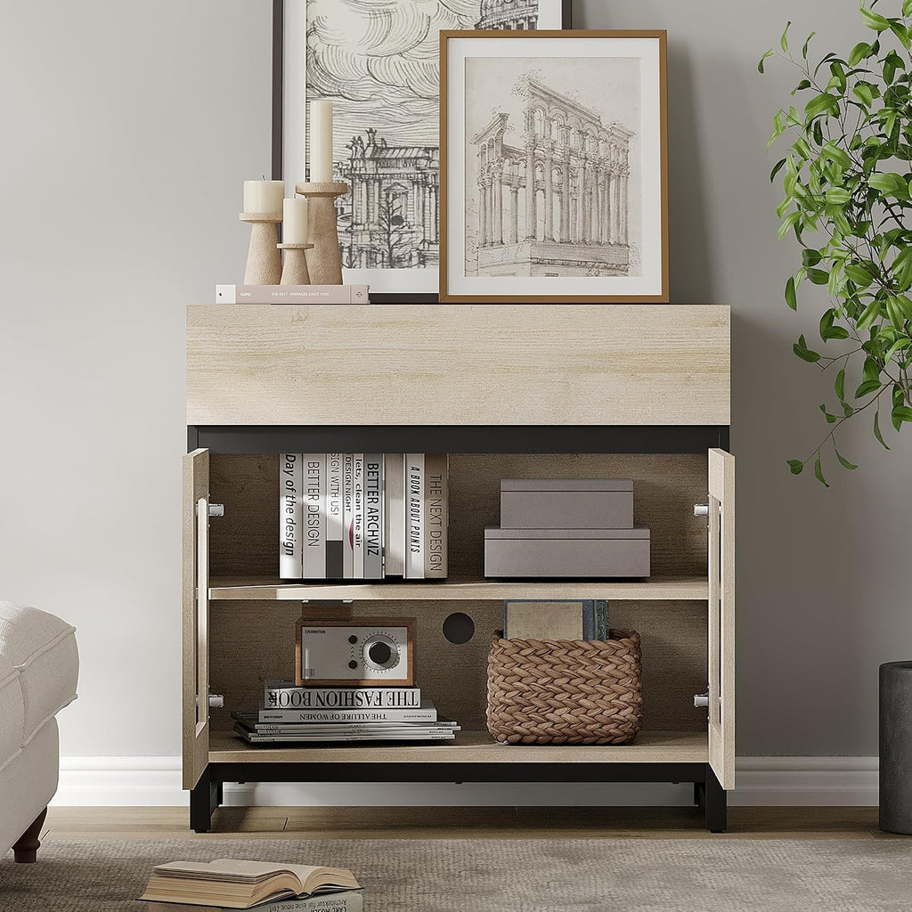WAMPAT Modern TV Stand with Glass Doors for 26-40 inch TVs, Entertainment Center Console with Drawer and Metal Base for Living Room, Bedroom, Beige