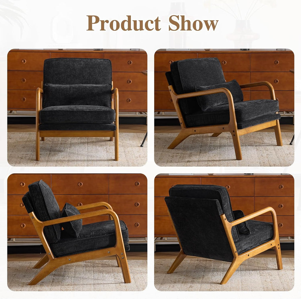 Karl home Mid Century Modern Accent Chair with Lumbar Pillow & Oak Arms – Plush Chenille Living Room Chair for Bedroom, Lounge (Black)