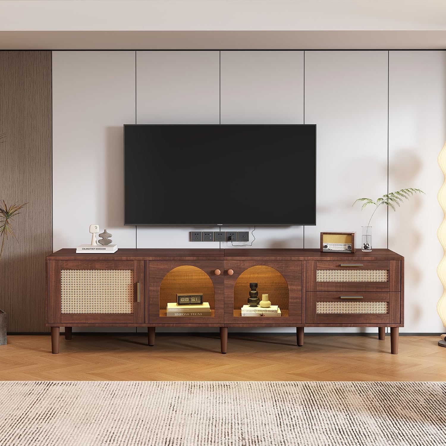 Merax Rattan TV Stand with LED Lights, 70' Entertainment Center with 3 Cabinets & 2 Drawers Media Console Table for TVs Up to 80', Solid Wood Feet, Living Room, Bedroom Furniture