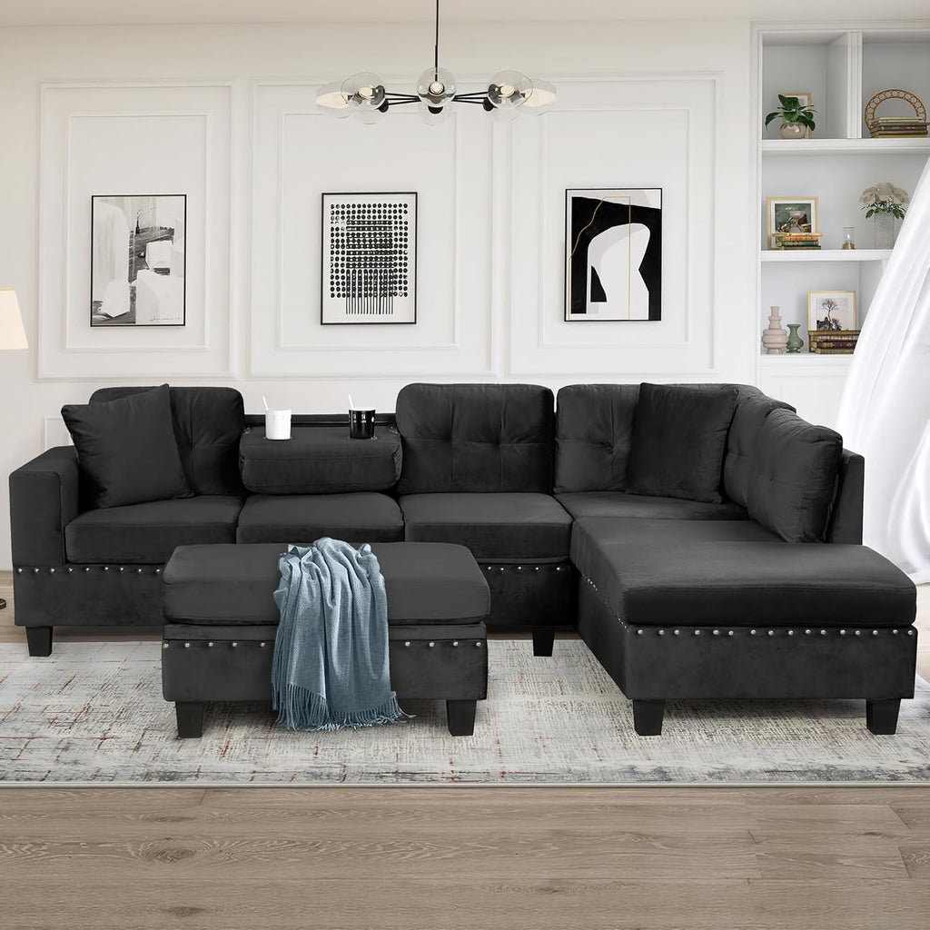 Merax Modern Sectional Sofa with Storage Ottoman, L Shaped Couch with 2 Pillows and 2 Cup Holders, Polyester Sectional Sofa with Reversible Chaise for Living Room, Home Office (Black)
