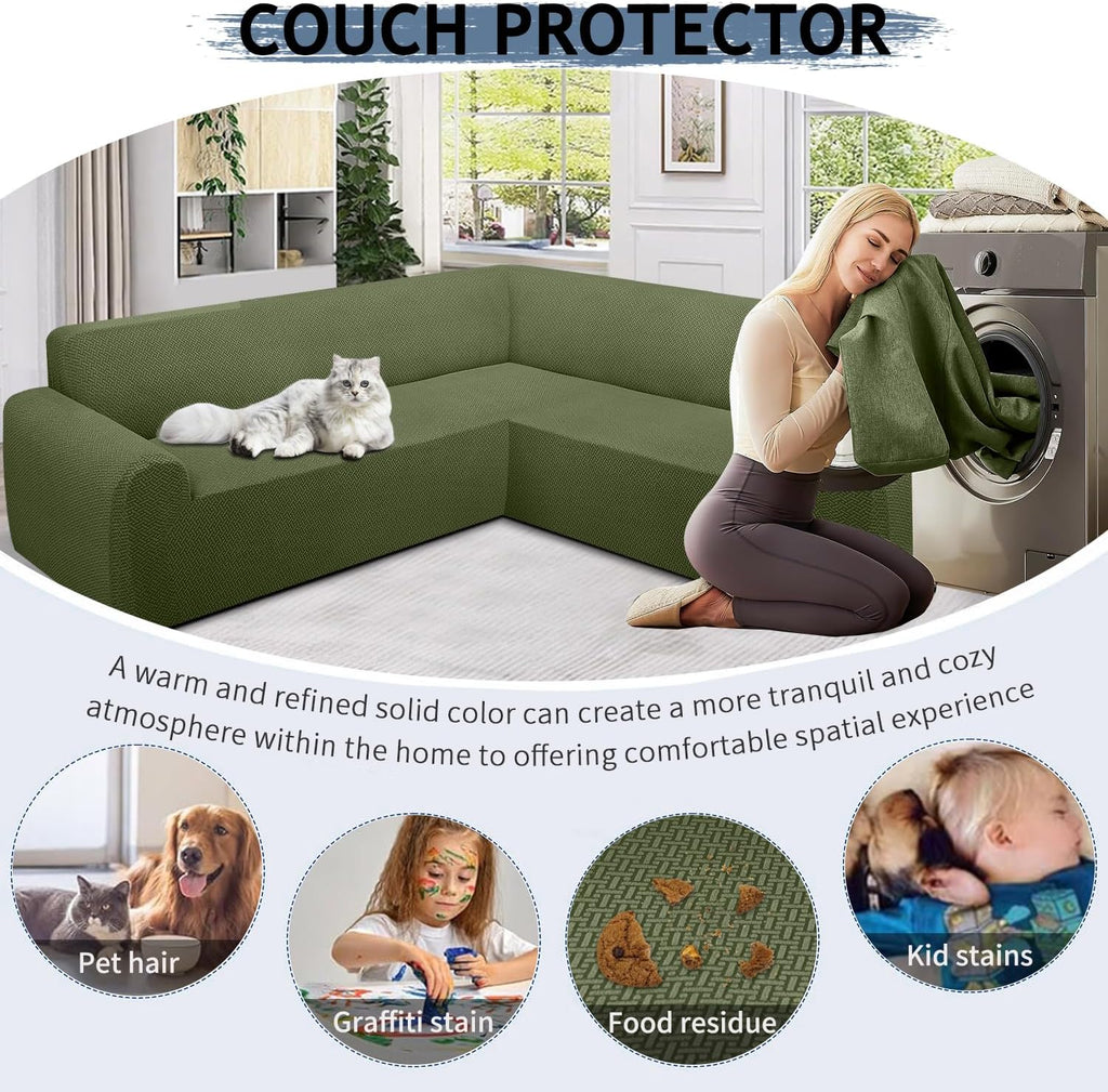 ALIECOM Stretch Corner Sectional Couch Covers L Shape Sofa Covers Washable Sectional Slipcovers U Shape Jacquard Living Room Pet Dogs Furniture Protector with Elastic Bottom (Avocado Green, Middle)