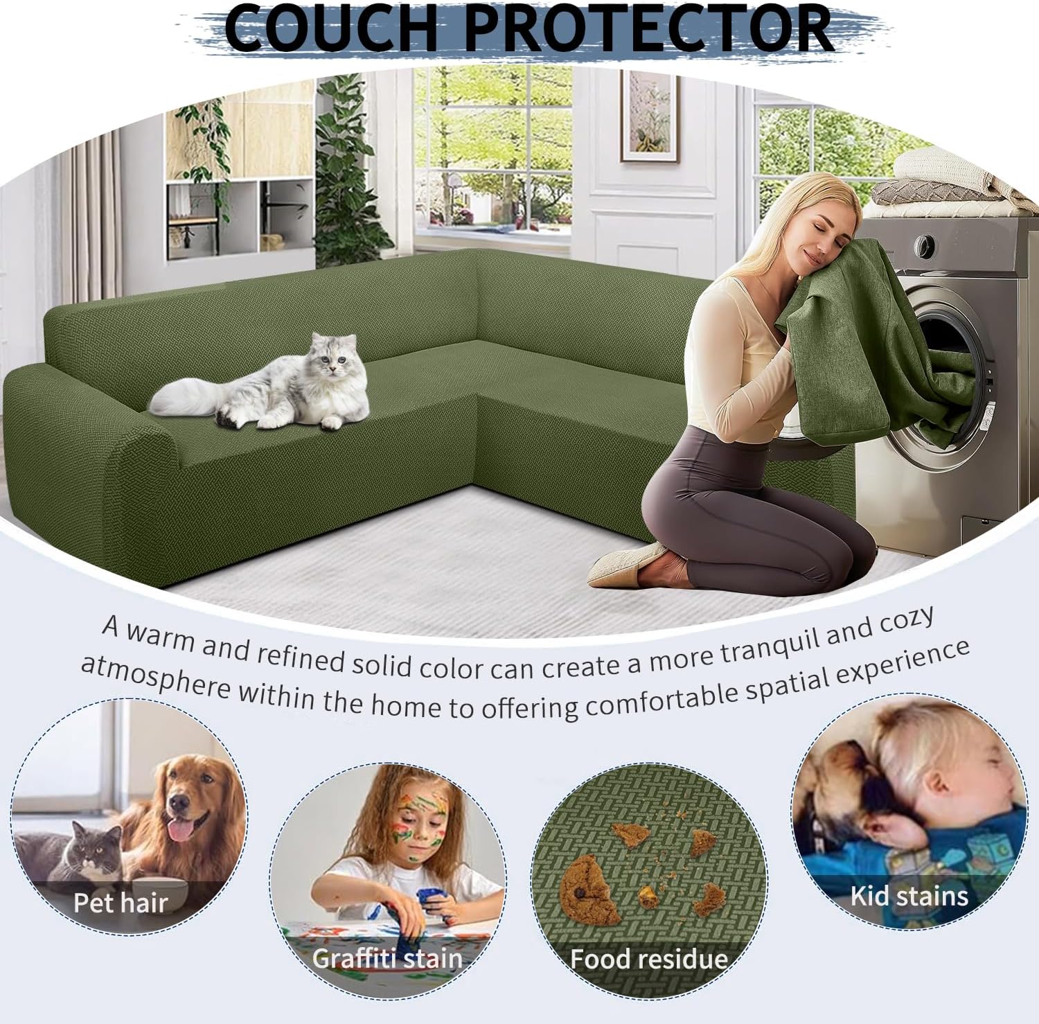 ALIECOM Stretch Corner Sectional Couch Covers L Shape Sofa Covers Washable Sectional Slipcovers U Shape Jacquard Living Room Pet Dogs Furniture Protector with Elastic Bottom (Avocado Green, Middle)