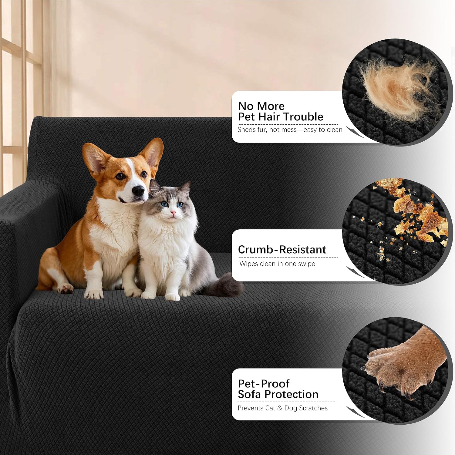 Arfntevss Stretch Sectional Couch Covers L Shaped Corner Sectional Sofa Cover Washable Jacquard Soft Fleece U Shape Sofa Slipcovers Anti Slip Furniture Protector for Dogs Pets (Large, Black)