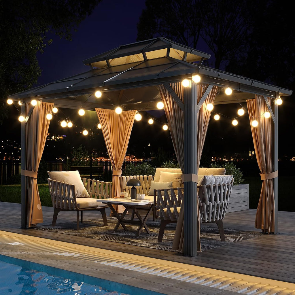 Hardtop Gazebo, 10'x13' Double-Layer Galvanized Steel Roof Gazebo, All-Season Aluminum Frame Pavilion with Privacy Curtains and Netting for Patio, Garden, Hot Tub & Backyard