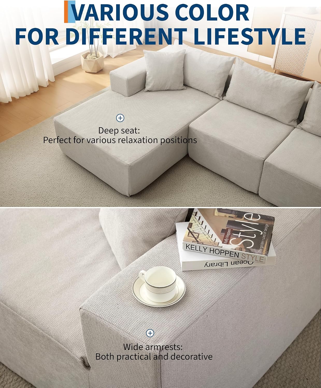 Garvee 108' Modular Sectional Sofa,Cloud Couch Sectional with Left Chaise | Compressed l Shaped Sofa for Living Room | Boneless Couch & Sofa Bed Design,No Assembly Required, Beige