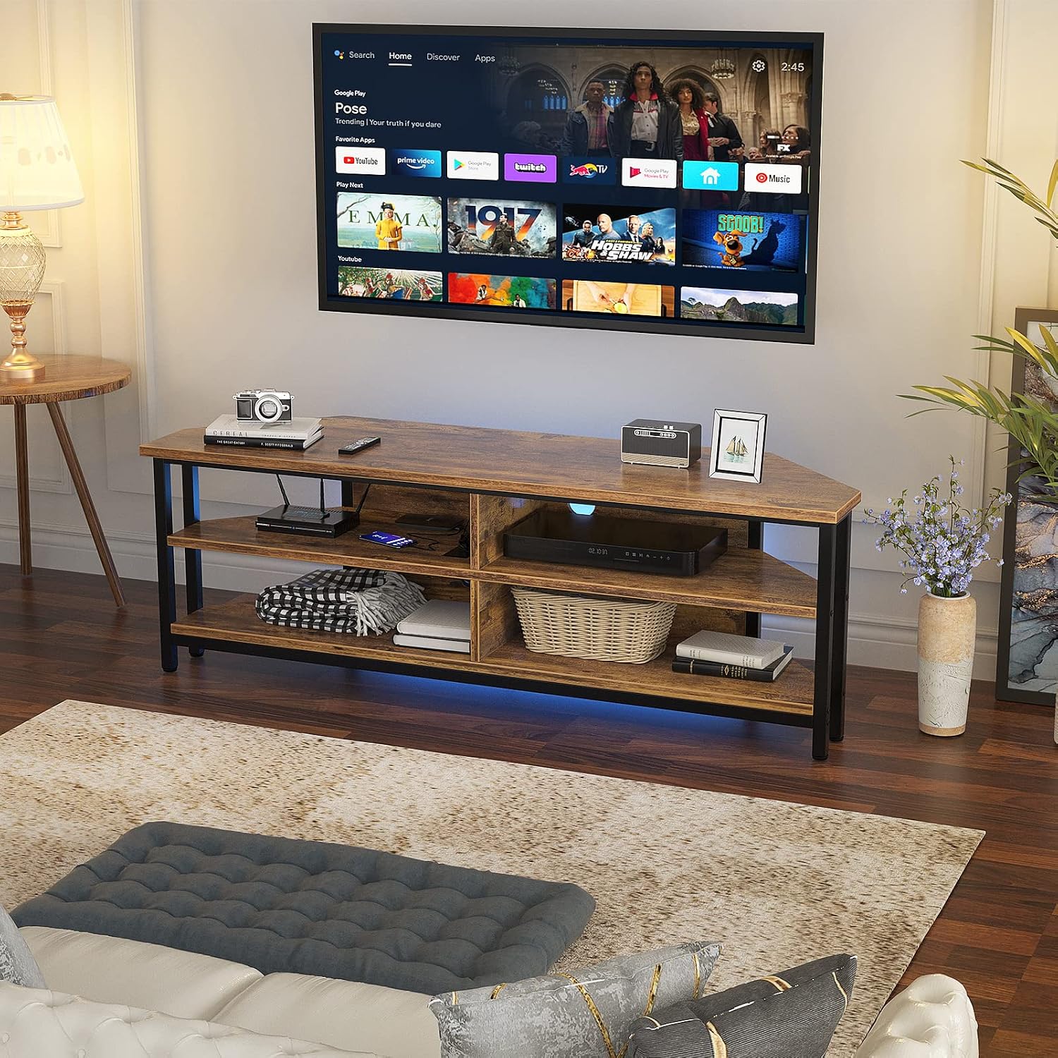 Unikito 55'' Corner TV Stand with Power Outlet, Corner Entertainment Center TV Console Table with 4 Open Storage Shelves, Metal Frame for Living Room, Bedroom, Industrial 60'' Corner TV Stand, Rustic