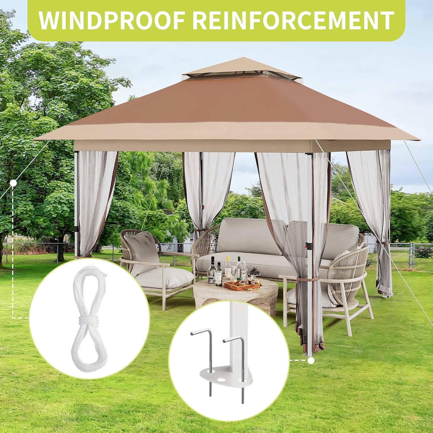 12x12 Pop Up Canopy - Outdoor Gazebo Tent with Mosquito Netting & Curtains, Adjustable Height, Includes Wheeled Carry Bag for Patio/Garden/Backyard (Deep Brown & Khaki)