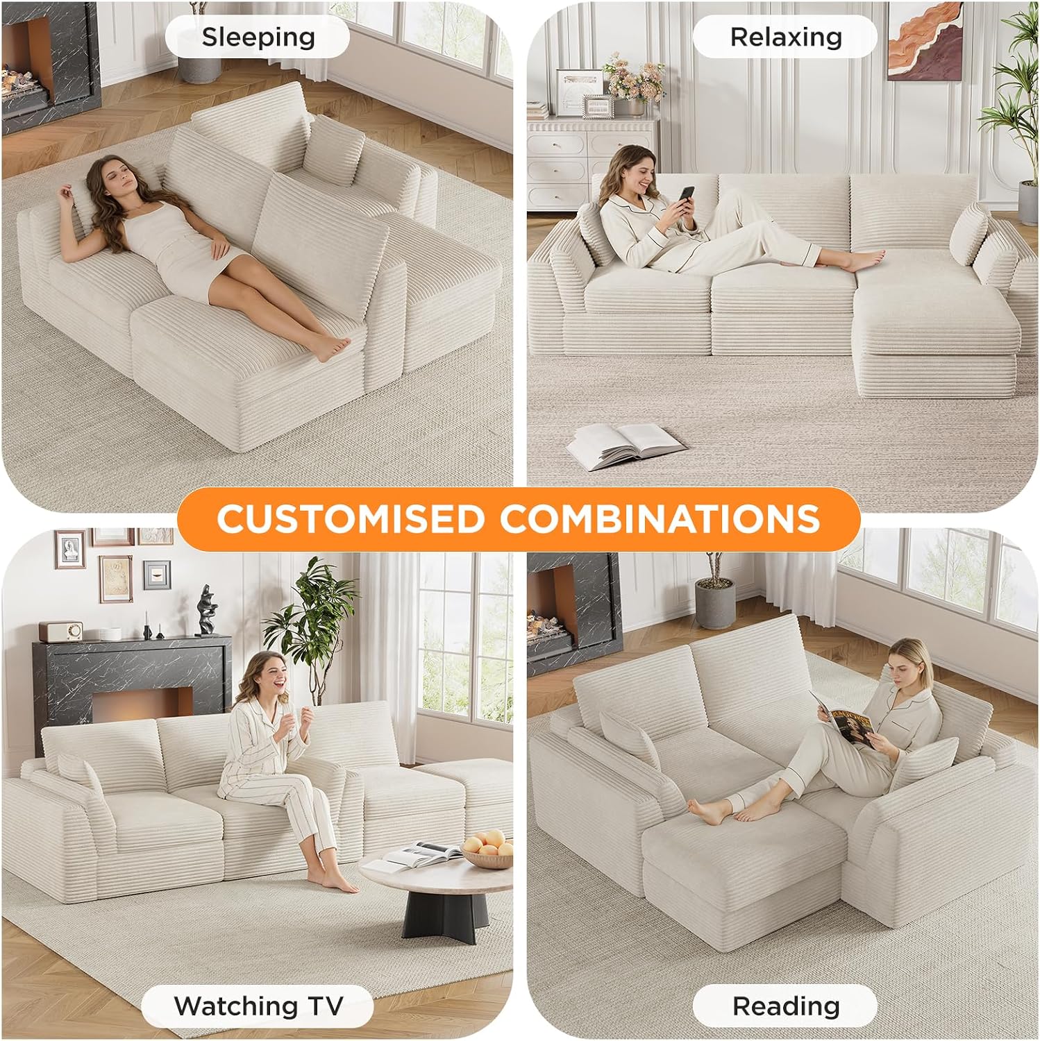 Vabches 106.6' Modular Sectional Sofa with Chaise, Comfy Cloud Sectional Couch, Modern L-Shape Corduroy Sofa with Deep Seat, Upholstered Couches for Living Room Bedroom,No Assembly Required (Beige)