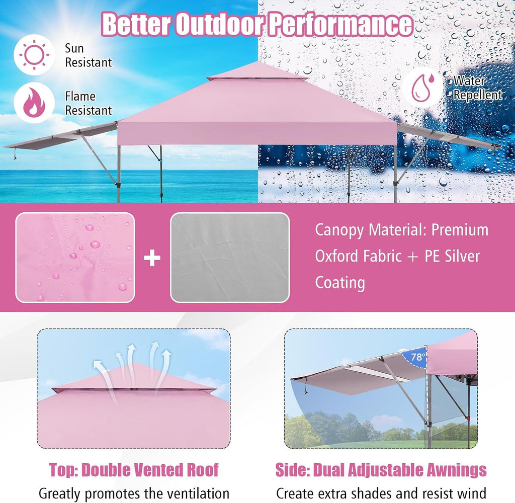 HAPPYGRILL Pop Up Canopy with Dual Awnings 10x17.6 FT, Outdoor Gazebo Shelter with Portable Wheeled Carrying Bag, Easy Setup Instant Tent for Patio Camping Picnic (Pink)