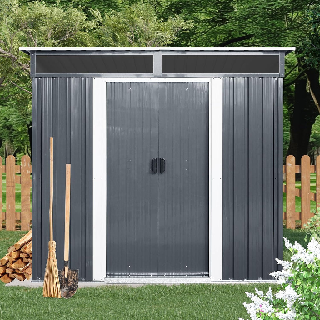 GDFStudio 6ft x 5ft Outdoor Metal Storage Shed with Window and Transparent Roof Panel, Garden Tool House with Metal Foundation, Sliding Doors, Hooks & Accessories Included,Black and White