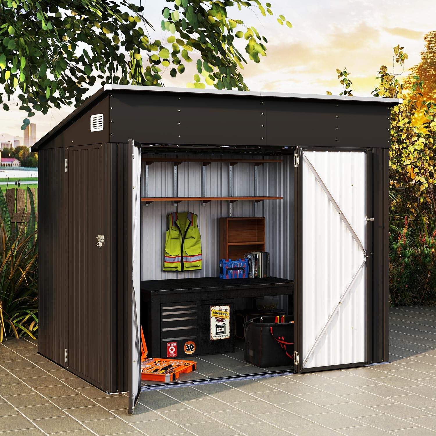 8'x6' Outdoor Storage Shed with Triple Lockable Doors, Metal Cabinet, Sloping Roof & Spacious Storage for Tools, Bicycles, Garden Equipment – Ideal for Patio, Garden & Courtyard