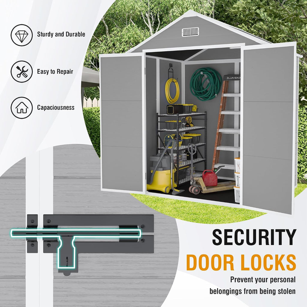 YOPTO 6x5 FT Resin Storage Shed,Garden House with Floor & Lockable Door,Waterproof Plastic Tool Sheds W/Slanting Roof Visual Window & Air Vents for Bicycles,Lawnmowers,Lawn,All Weather Use,Gray