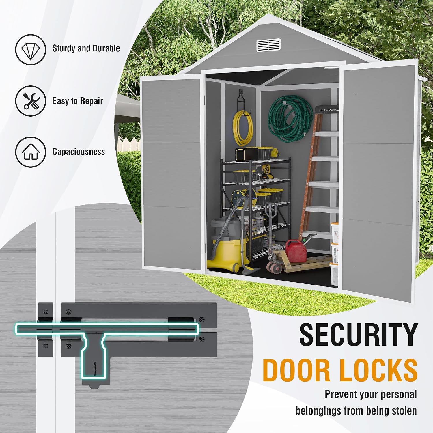 YOPTO 6x5 FT Resin Storage Shed,Garden House with Floor & Lockable Door,Waterproof Plastic Tool Sheds W/Slanting Roof Visual Window & Air Vents for Bicycles,Lawnmowers,Lawn,All Weather Use,Gray