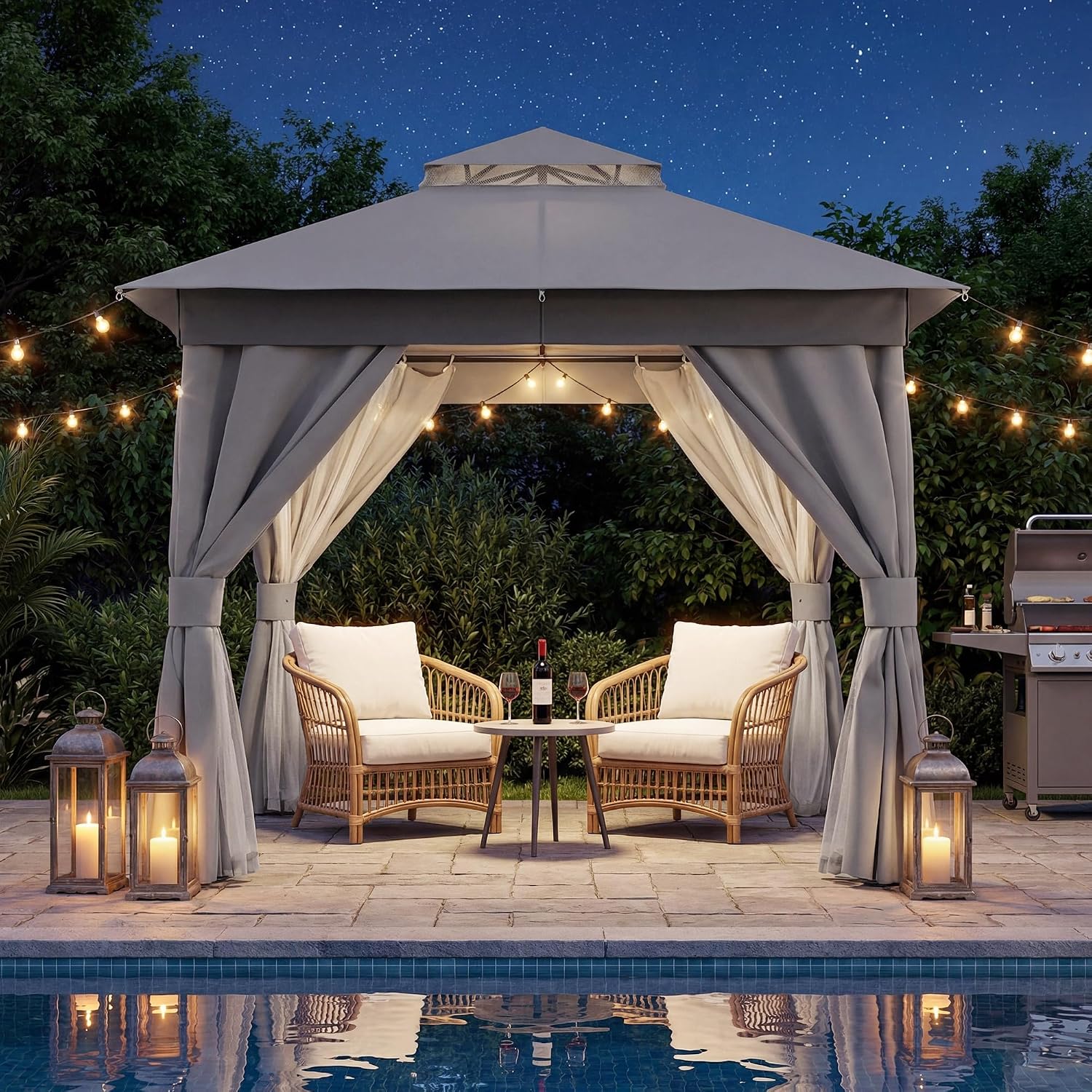 LAUSAINT HOME 8'x8' Outdoor Patio Gazebo with 50FT String Lights, Heavy Duty Party Tent & Shelter with Double Roofs, Mosquito Nettings and Privacy Screens for Backyard, Garden, Deck (Grey)