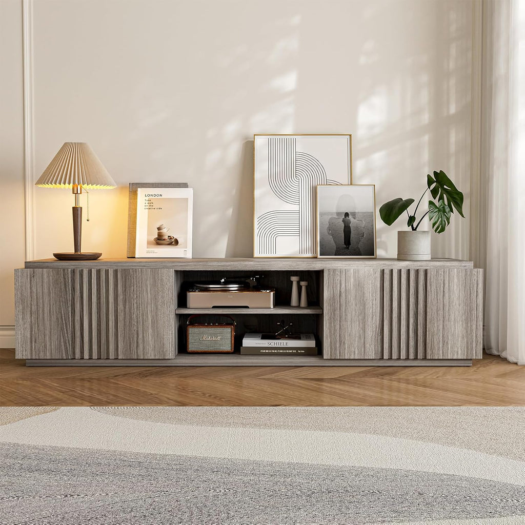 BELLEZE 70' Fluted TV Stand for TVs up to 75', Media Entertainment Center Console Table with Oversize Drawers and 2-Tier Open Shelves, Wood Storage Cabinet for Living Room, 15'D x 70'W x 16'H-(Gray)