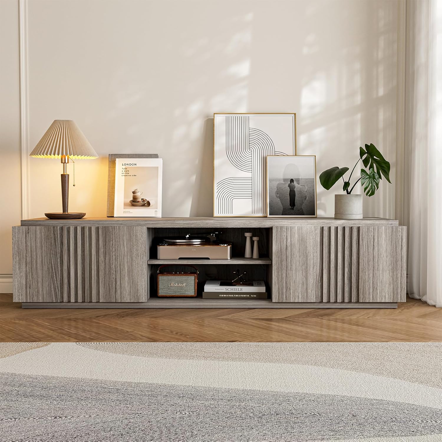 BELLEZE 70' Fluted TV Stand for TVs up to 75', Media Entertainment Center Console Table with Oversize Drawers and 2-Tier Open Shelves, Wood Storage Cabinet for Living Room, 15'D x 70'W x 16'H-(Gray)