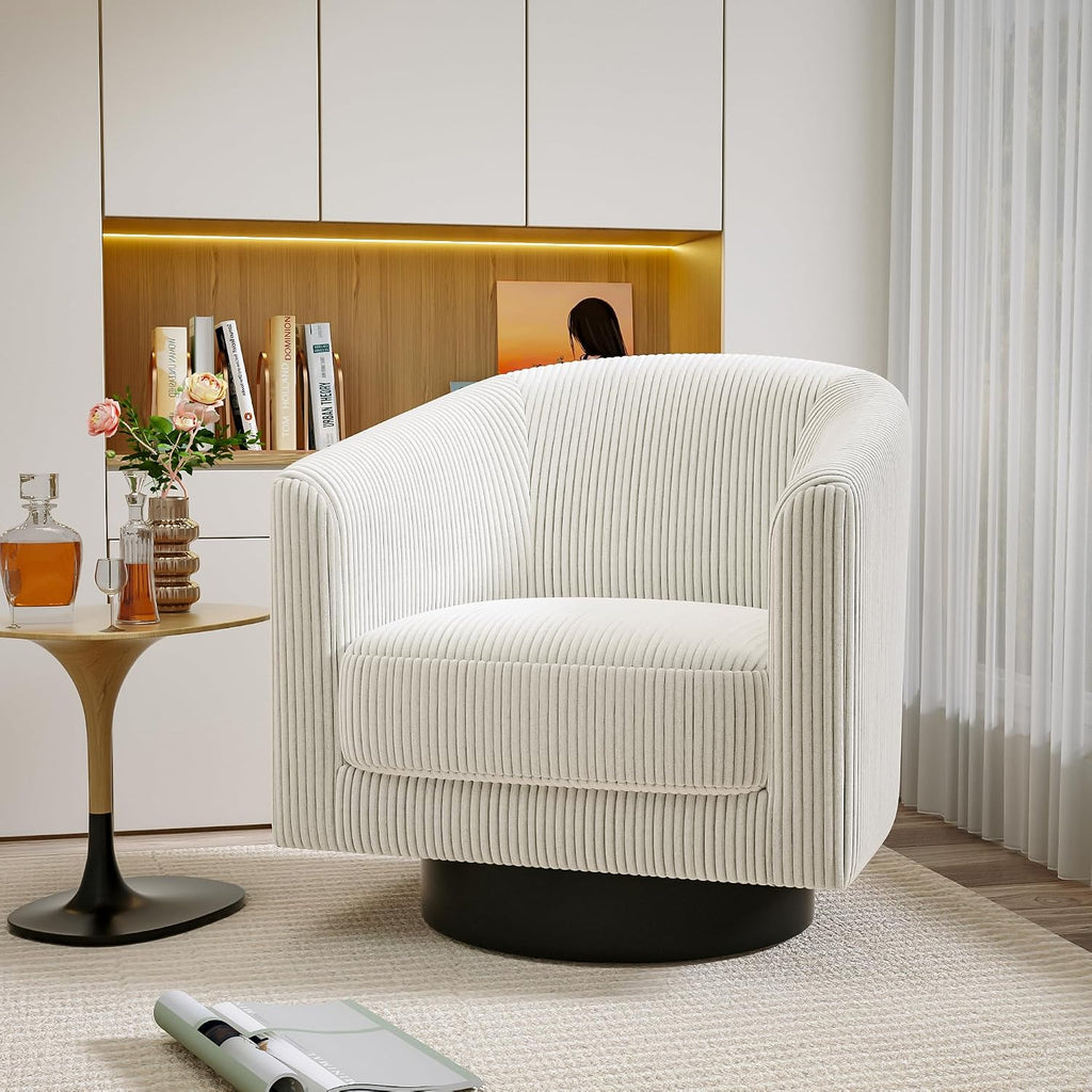 Swivel Accent Chairs Set of 2, 360° Bucket Chair, Modern Upholstered Barrel Armchair, Comfy Corduroy Single Sofa for Living Room Bedroom, Beige