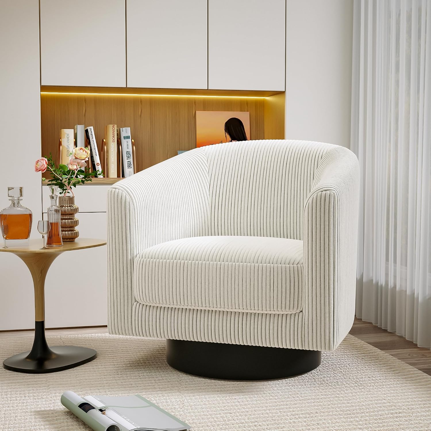 Swivel Accent Chairs Set of 2, 360° Bucket Chair, Modern Upholstered Barrel Armchair, Comfy Corduroy Single Sofa for Living Room Bedroom, Beige
