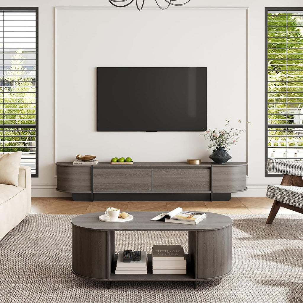 Coffee Table and TV Stand Set of 2,76.4'' Modern TV Console，Entertainment Center with 4 Drawers,Modern Oval Coffee Table with Storage, Wood Center Tables for Living Room, Bedroom, Home Office, Grey
