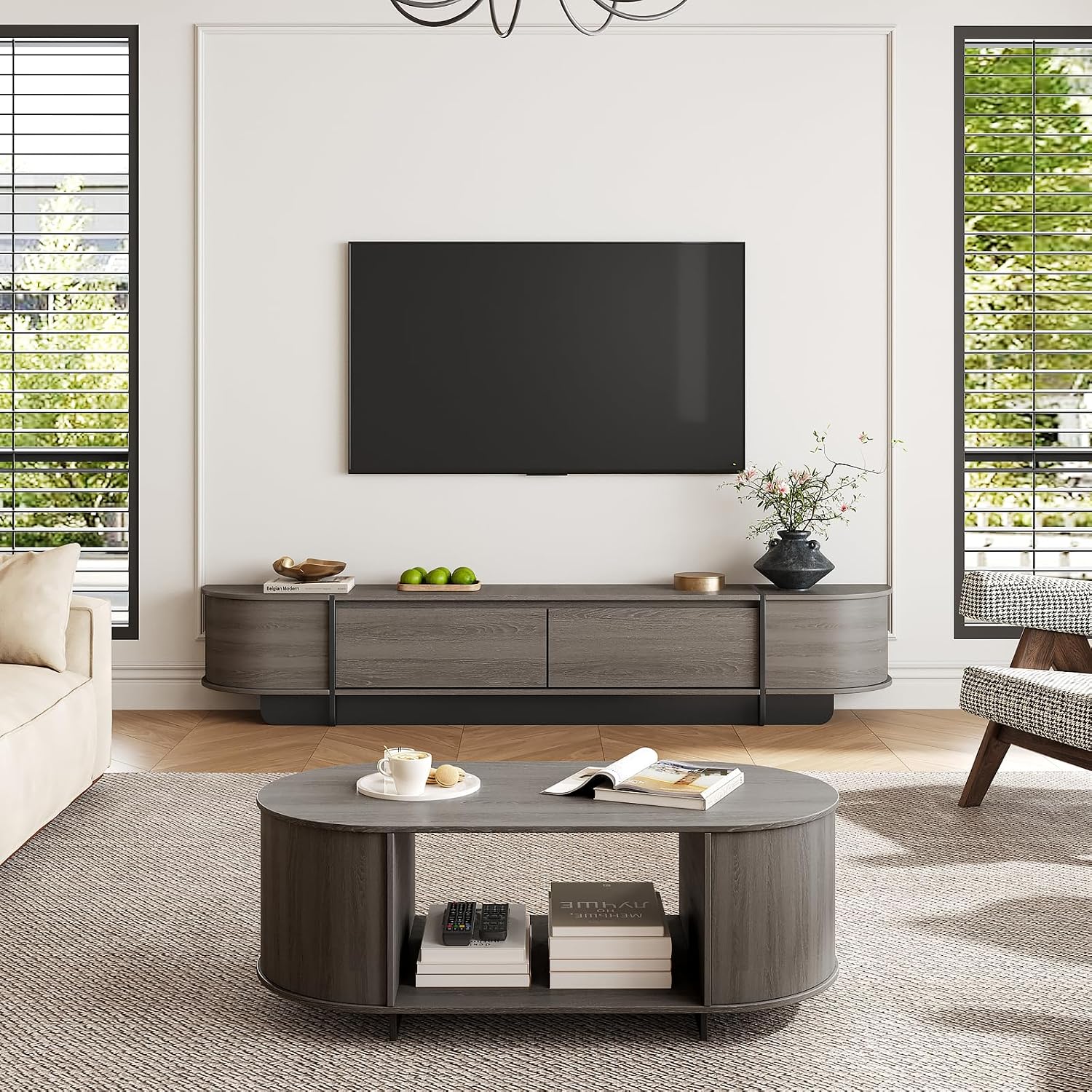 Coffee Table and TV Stand Set of 2,76.4'' Modern TV Console，Entertainment Center with 4 Drawers,Modern Oval Coffee Table with Storage, Wood Center Tables for Living Room, Bedroom, Home Office, Grey