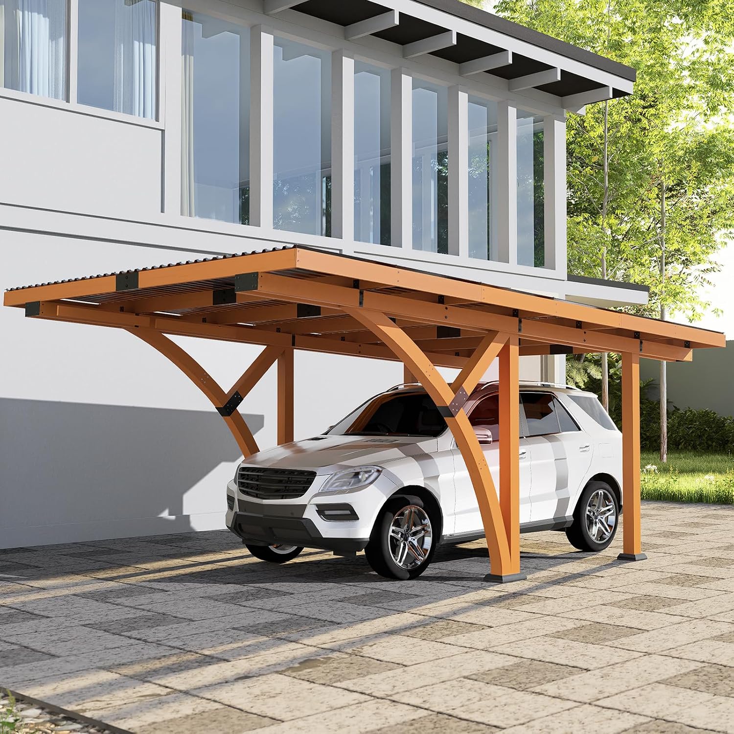 18.3 x 12.6 x 7.7 FT Curved Carport, Wood Outdoor Gazebo Pavilion with Hardtop Sloped Steel Roof, Heavy Duty Waterproof Car Port for Backyard, Patio, Deck and Lawn
