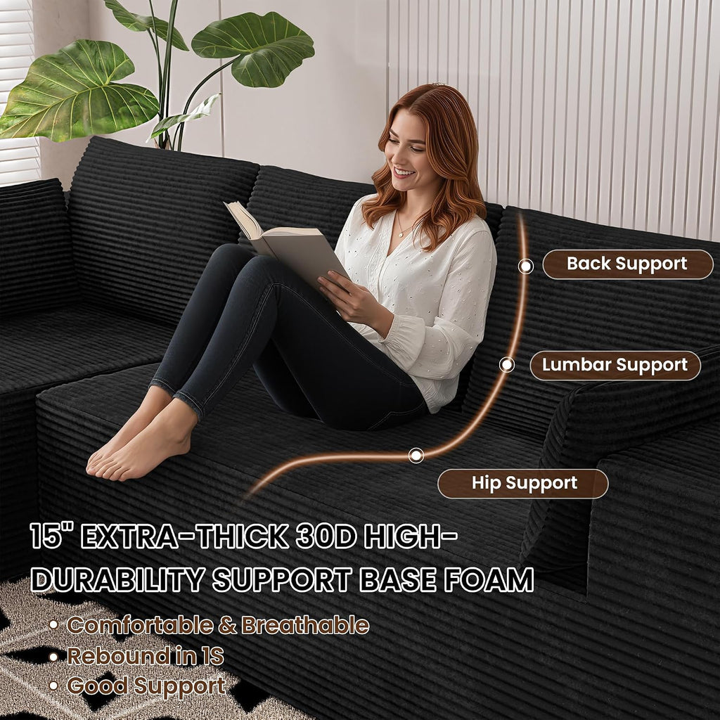 106' Cloud Sectional Boneless Couches for Living Room, Modular U Shaped Couch with Deep Seat, Removable Ottoman, Memory Foam Compressed Spineless 4 Seater Sofa for Bedroom Apartment, Black