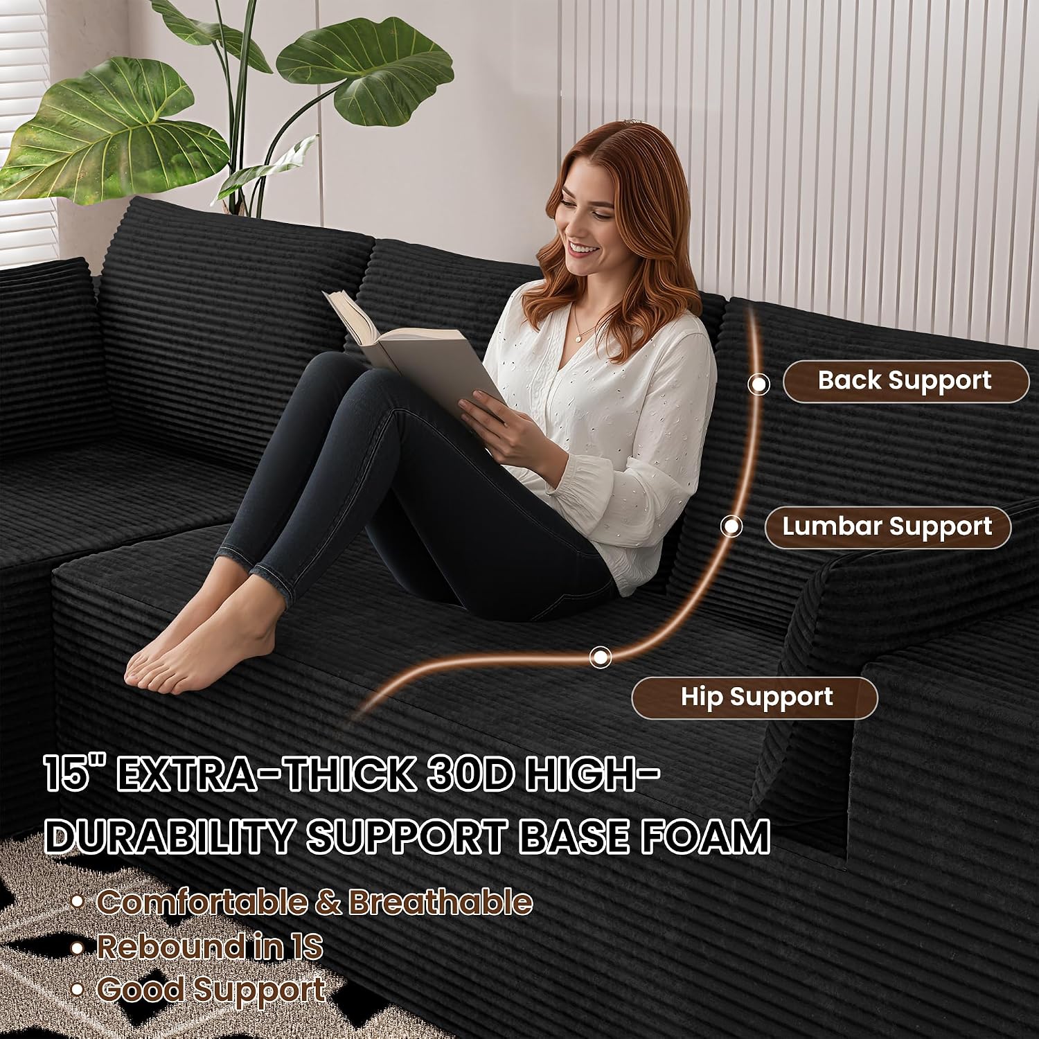 106' Cloud Sectional Boneless Couches for Living Room, Modular L Shaped Couch with Deep Seat Oversized Left Facing Chaise, Memory Foam Compressed Spineless 3 Seater Sofa for Bedroom Apartment, Black