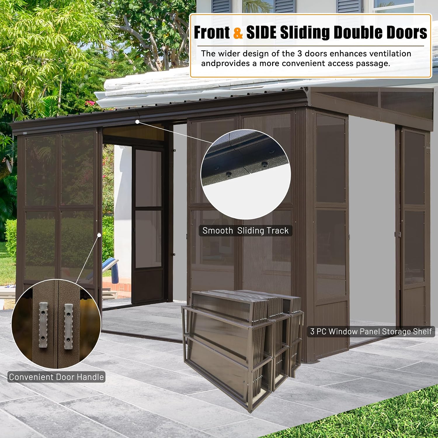 Domi 8x12FT Wall Mounted Sunroom All Season, Patio Small Solarium with 3 Sliding Double Doors, Enclosed Aluminum Lean to Gazebo with Galvanized Steel Roof, Detachable PC Windows for Deck, Backyard