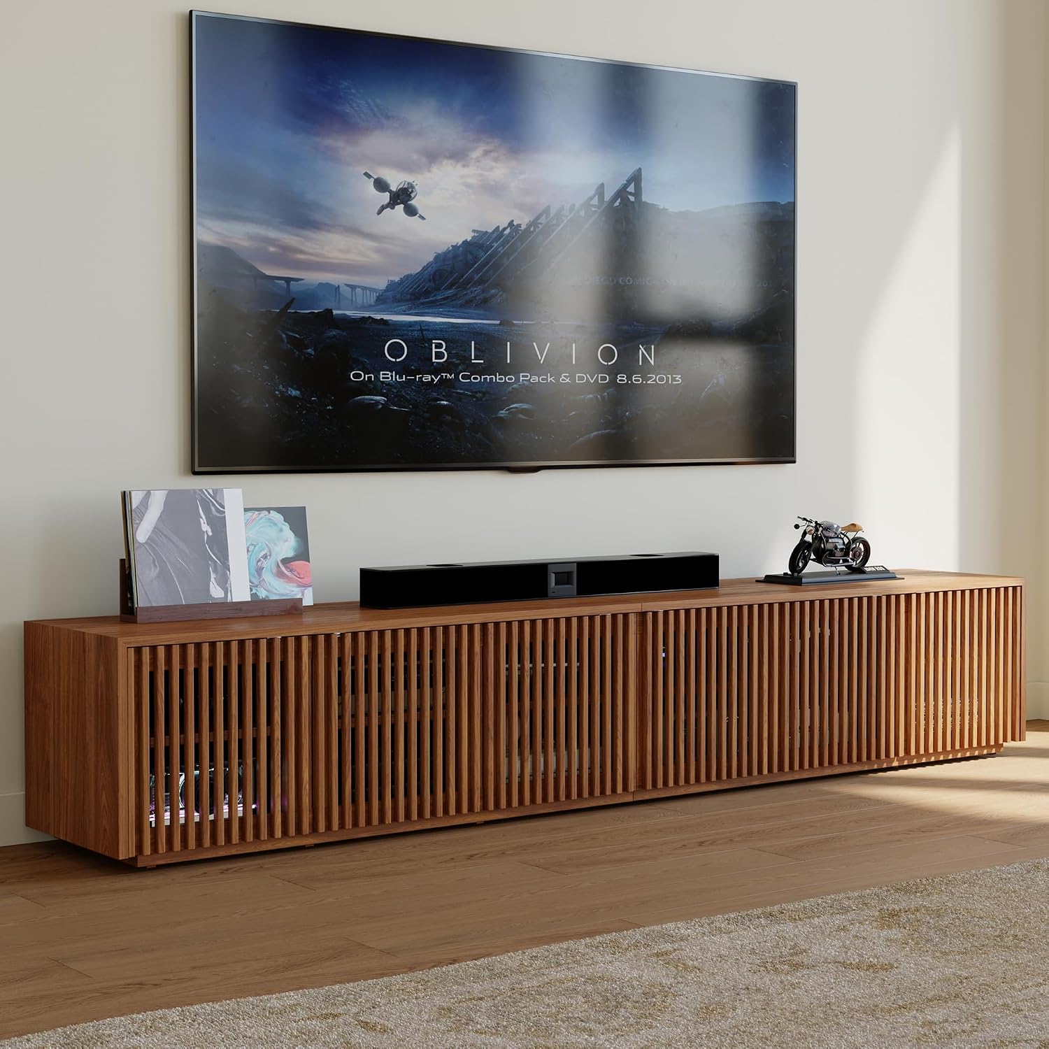 POVISON Full Assembled Mid Century Modern TV Stand, Wood Slatted Media Console for 75+ inch TV, Entertainment Center with Storage for Living Room, Low Cabinet with Removable Shelves
