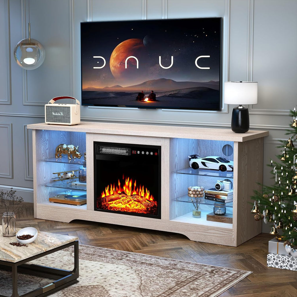 TAVATA Fireplace TV Stand with 18''Fireplace, Modern Entertainment Center for TVs up to 65 inch, Media TV Console with Adjustable Glass Shelves and Storage Cabinets (Beige)