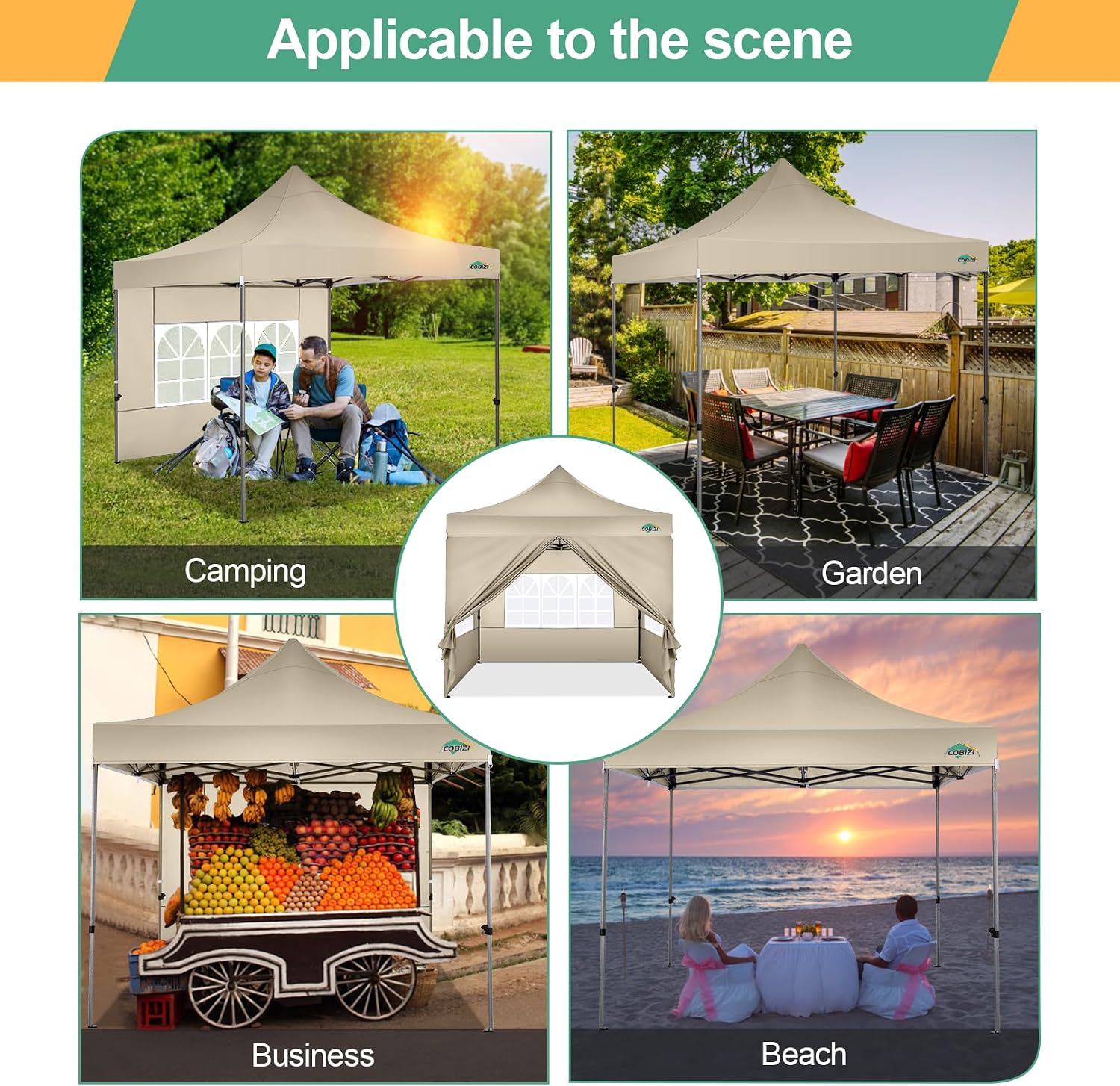 COBIZI 10x10 Pop Up Canopy Tent with 4 sidewalls Commercial Heavy Duty Canopy UPF 50+ All Weather Waterproof Outdoor Canopy Wedding Tents for Parties Gazebo with Roller Bag, Khaki (Windproof Upgraded)