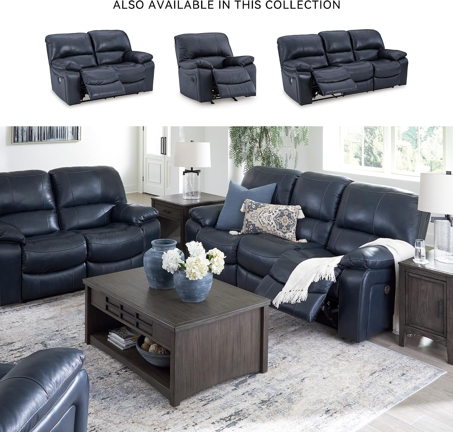 Signature Design by Ashley Leesworth Contemporary Power Reclining Loveseat with One-Touch Control and USB Charging Ports, Leather, 20' Seat Height, Blue