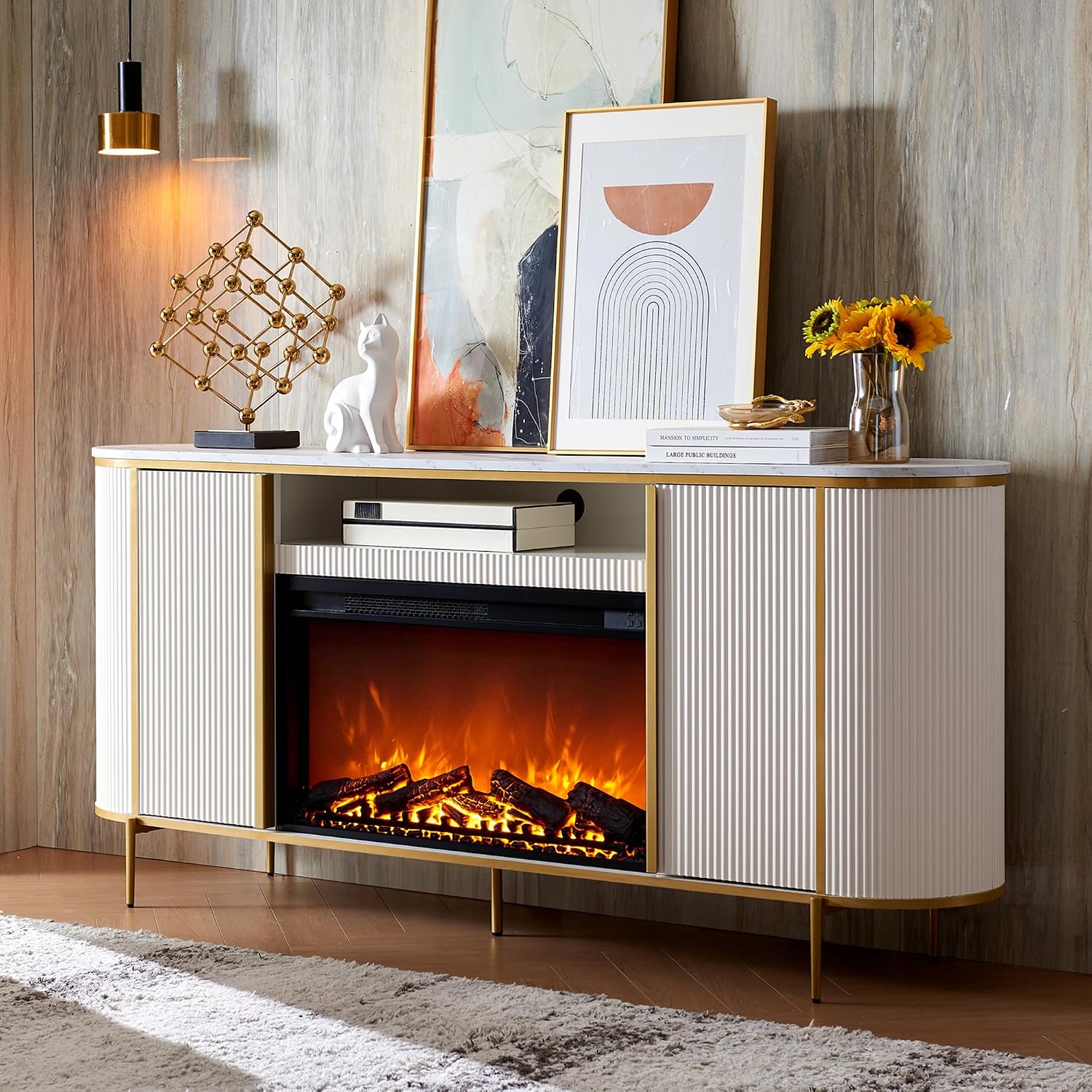 OKD Luxury 70' Fluted Fireplace TV Stand, Modern Chic Entertainment Center for TVs Up to 80 inches, TV Console with Faux Marble Top, Curved Profile Design, Media Console for Living Room, Off White