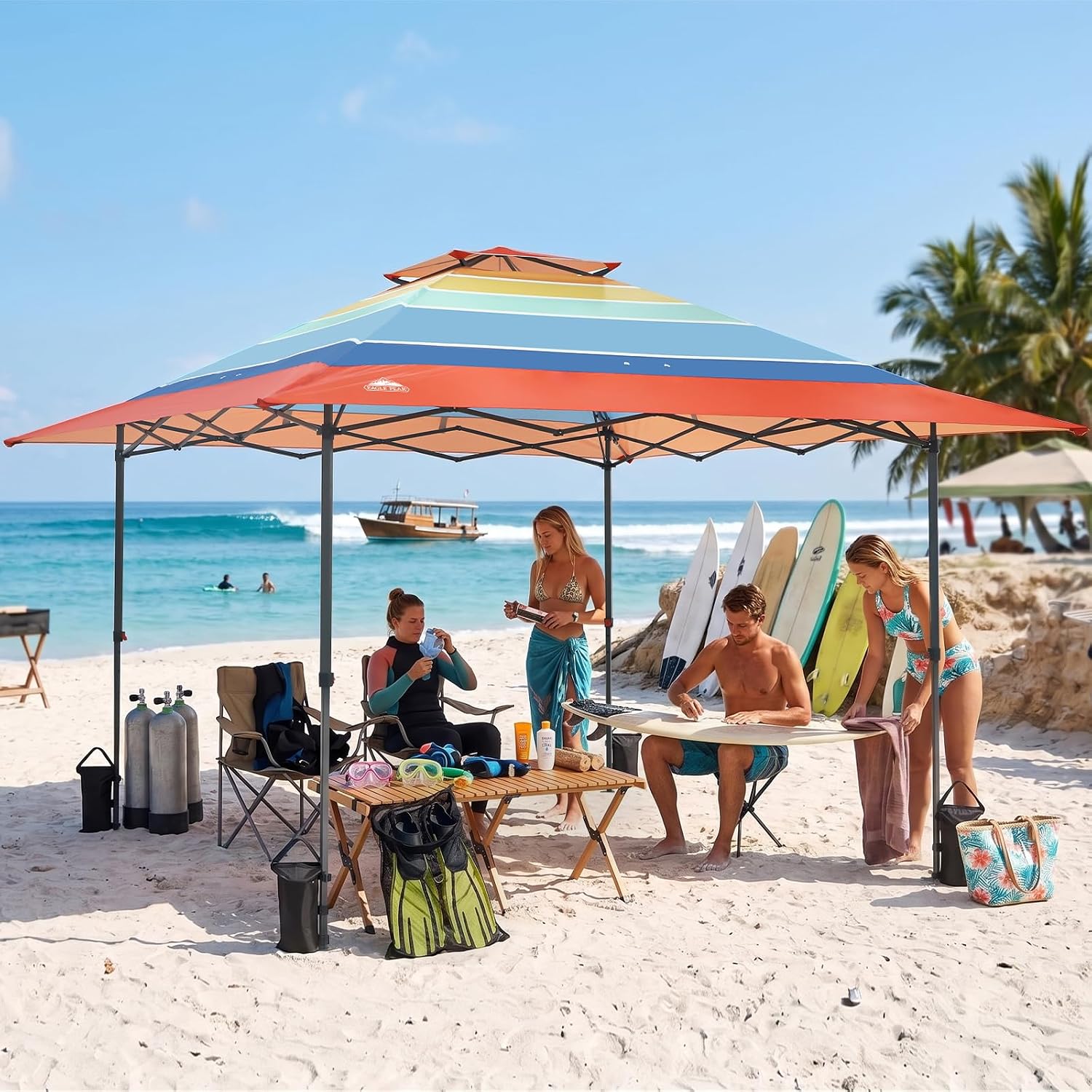 EAGLE PEAK 13x13 Straight Leg Pop Up Canopy Tent Instant Outdoor Canopy Easy Single Person Set up Folding Shelter w/Auto Extending Eaves 169 Square Feet of Shade (Retro Stripe Multi)