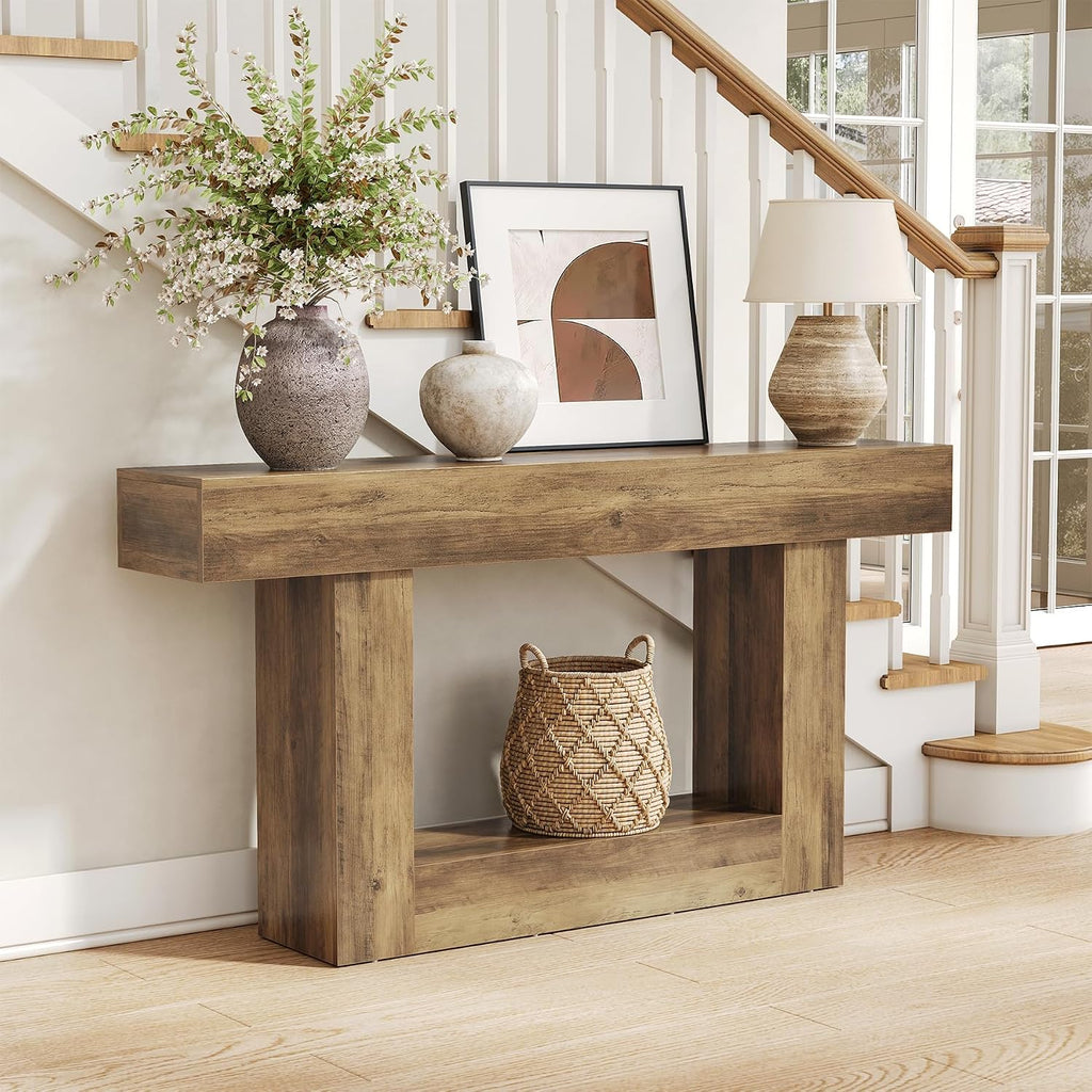 LITTLE TREE 63 Inches Long Console Table, 2-Tier Farmhouse Sofa Table Behind Couch, Large Narrow Entryway Table for Living Room, Wooden Hallway Foyer Table with Heavy Duty Base, Rustic Brown