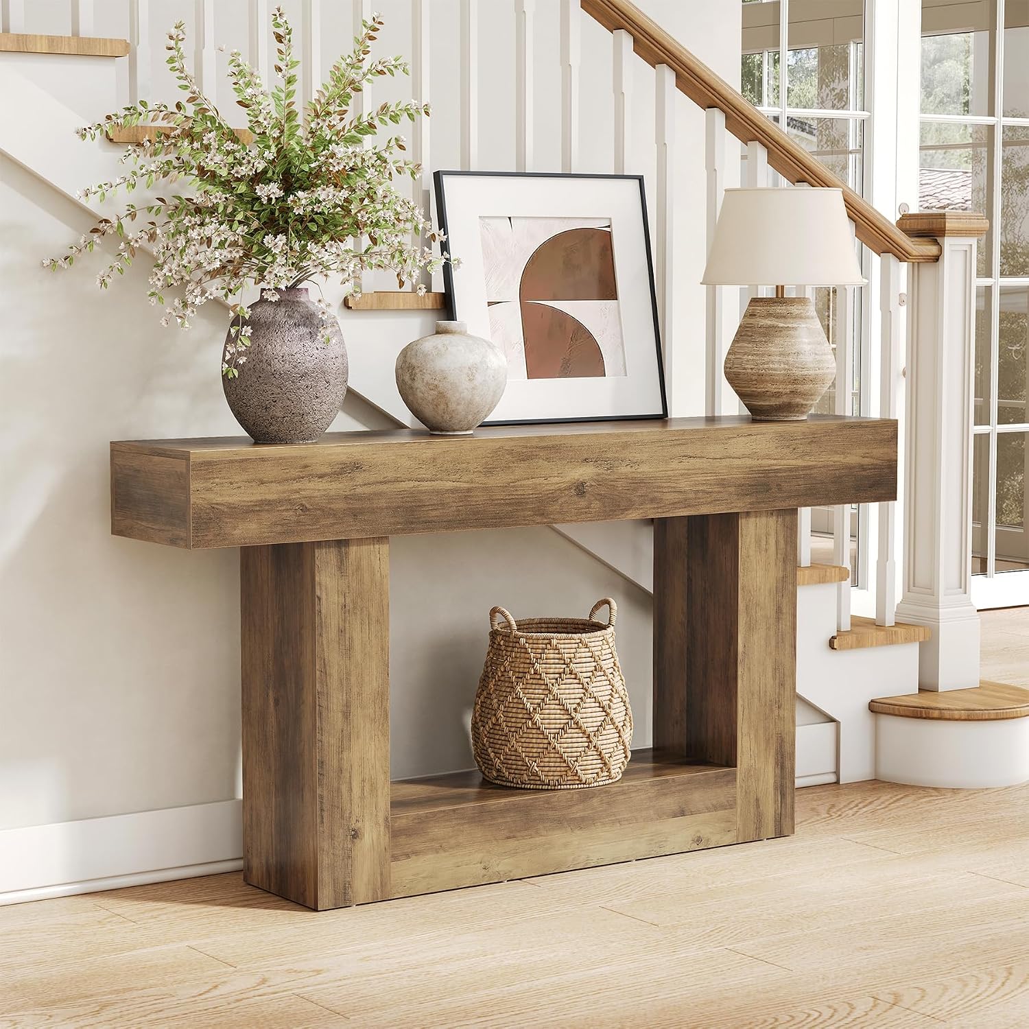 LITTLE TREE 63 Inches Long Console Table, 2-Tier Farmhouse Sofa Table Behind Couch, Large Narrow Entryway Table for Living Room, Wooden Hallway Foyer Table with Heavy Duty Base, Rustic Brown
