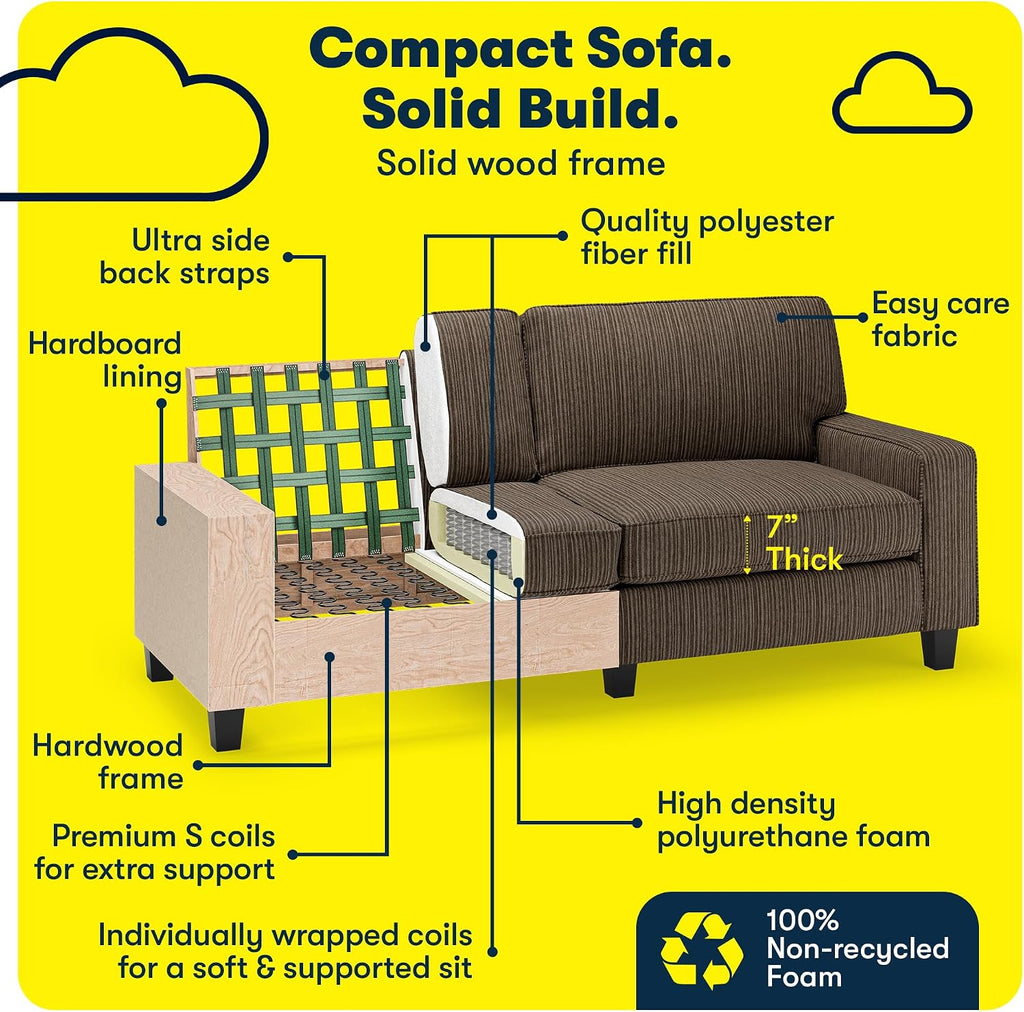 Serta Palisades 78' Track Arm Sofa, Easy Care Polyester, Soft Pillow Back, Pocket Coil Seat Cushions, Removable Covers, Loveseat or Couch for Small Spaces, Living Rooms or Bedrooms, Brown