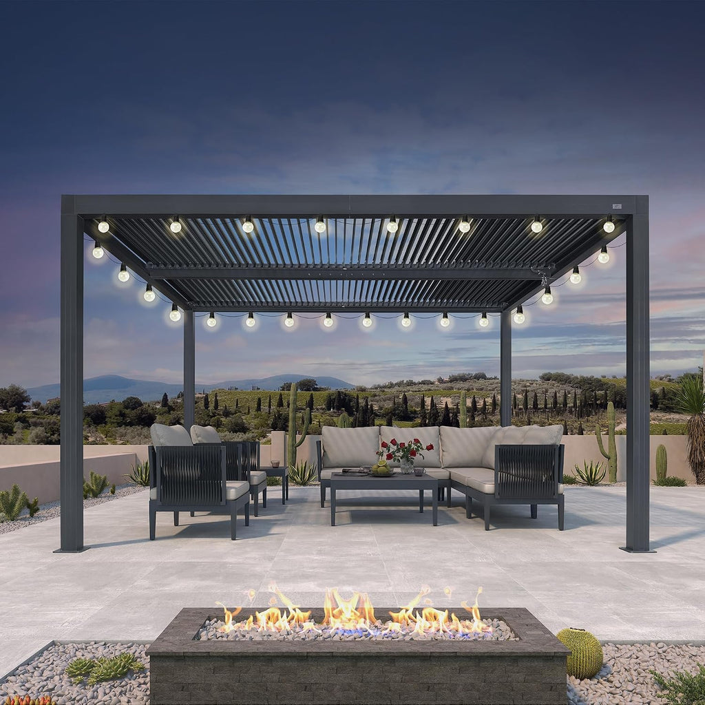 PURPLE LEAF Louvered Pergola 94AS 10' x 12' Outdoor Aluminum Pergola with Two Independently Adjustable Roof with 24 Light Bulbs for Backyard Garden