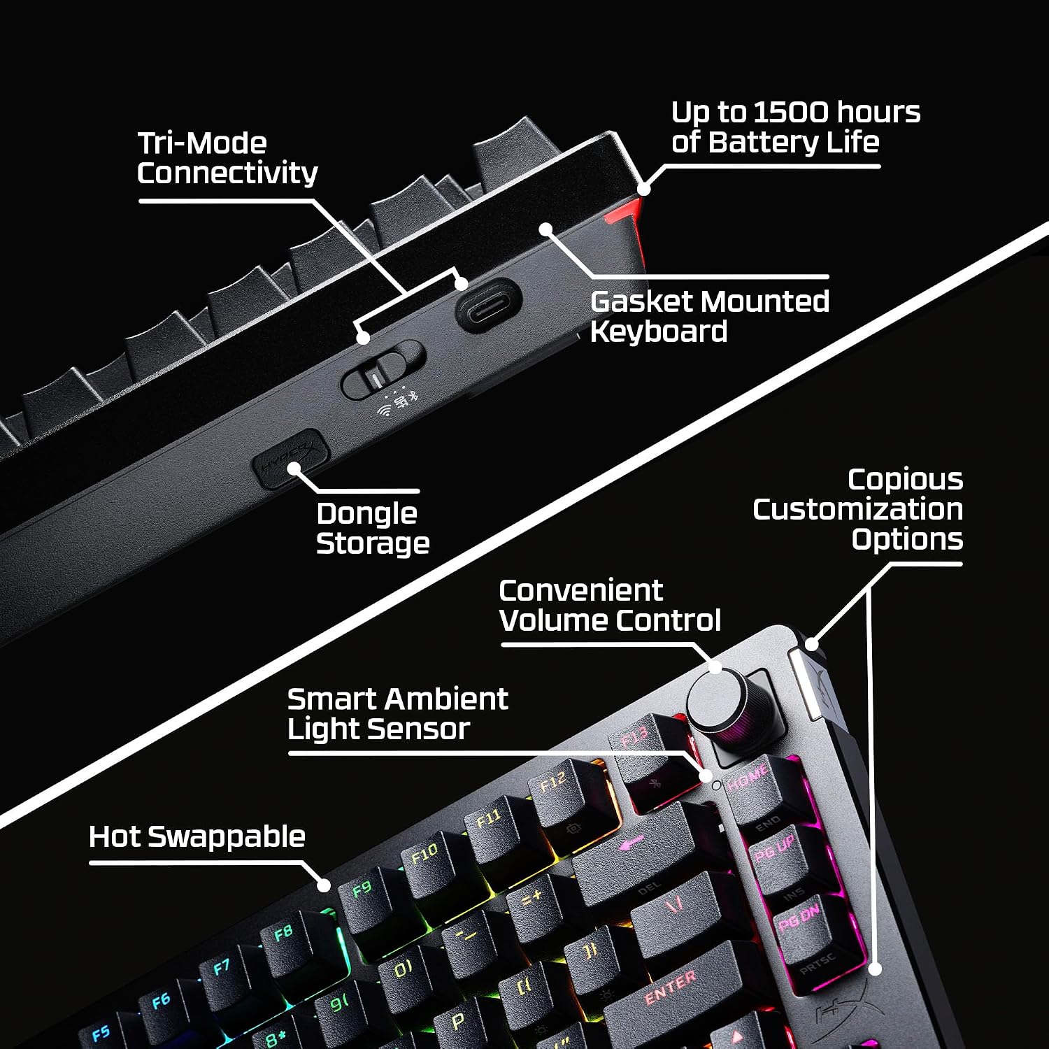 HyperX Alloy Rise 75 Wireless – Hot-Swappable 75% Mechanical Gaming Keyboard, PC, Up to 80 Hours Backlighting On, Dual Wireless 2.4GHz & Bluetooth